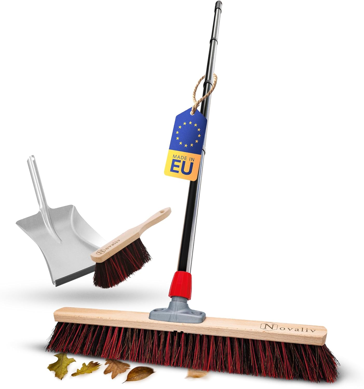 Novaliv Stra&szlig;enbesen mit Stiel 60 cm Arenga-Elaston Borsten inkl. Kehrgarnitur verzinkt bestehend aus Kehrblech und Handfeger Ideal als Gartenbesen Terassenbesen Hofbesen Kehrbesen Outdoor Broom - Bild 1