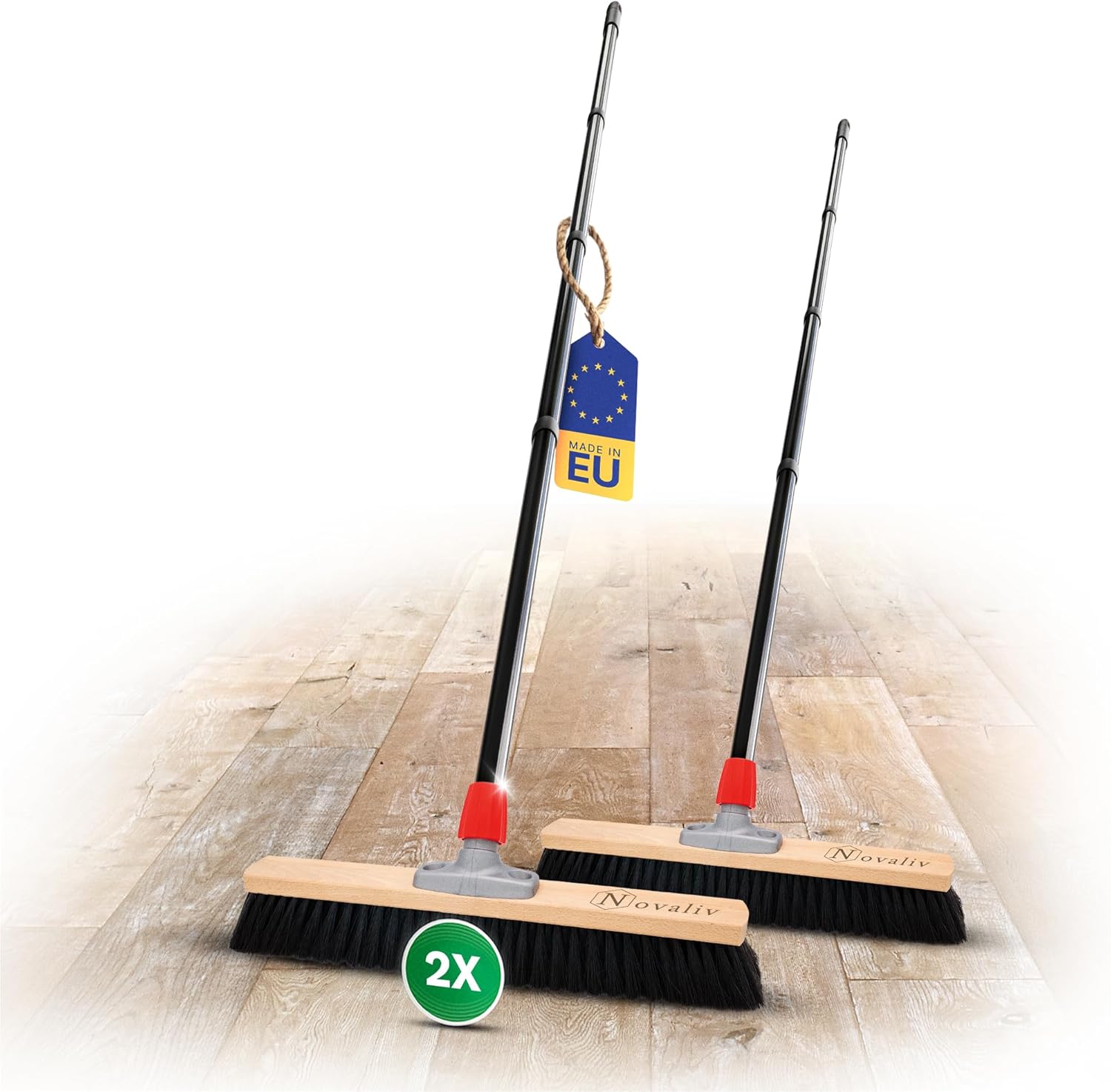 Novaliv 2X Saalbesen 50 cm mit Stiel Borsten Rosshaarbesen Besen fein Ideal als Werkstattbesen mit Stiel Hallenbesen Industriebesen Hausbesen Kehrbesen Zimmerbesen Haarbesen Stubenbesen Besen weich - Bild 1