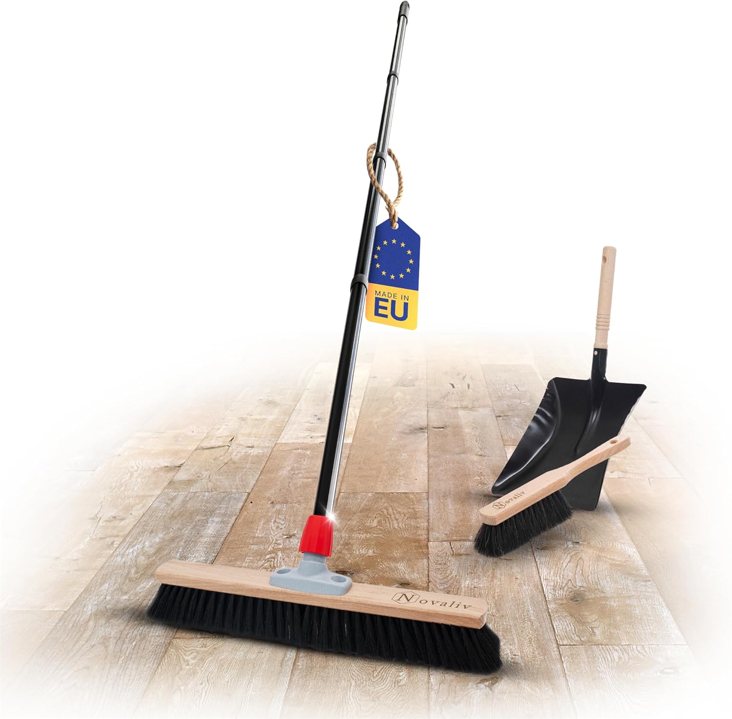 Novaliv Grosser Besen Saalbesen 60 cm mit Stiel Borsten Rosshaarbesen inkl. Kehrgarnitur schwarz bestehend aus Kehrblech und Handfeger Besen fein Werkstattbesen Hallenbesen mit Stiel Industriebesen - Bild 1