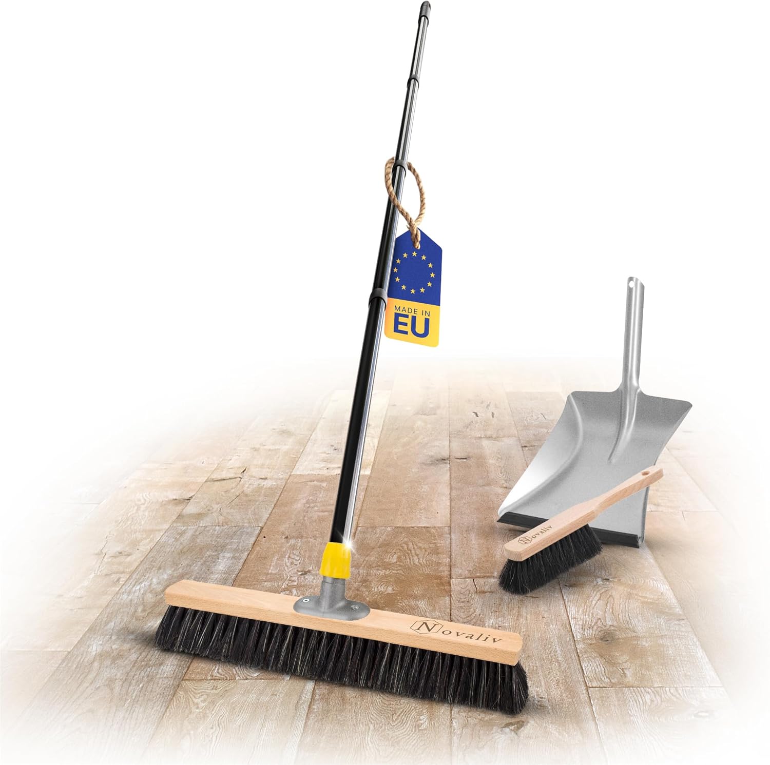 Novaliv Saalbesen 50 cm mit Stiel Borsten Haarmischung inkl. Kehrgarnitur verzinkt mit Gummilippe bestehend aus Kehrblech und Handfeger Besen fein Ideal als Werkstattbesen Industriebesen mit Stiel - Bild 1