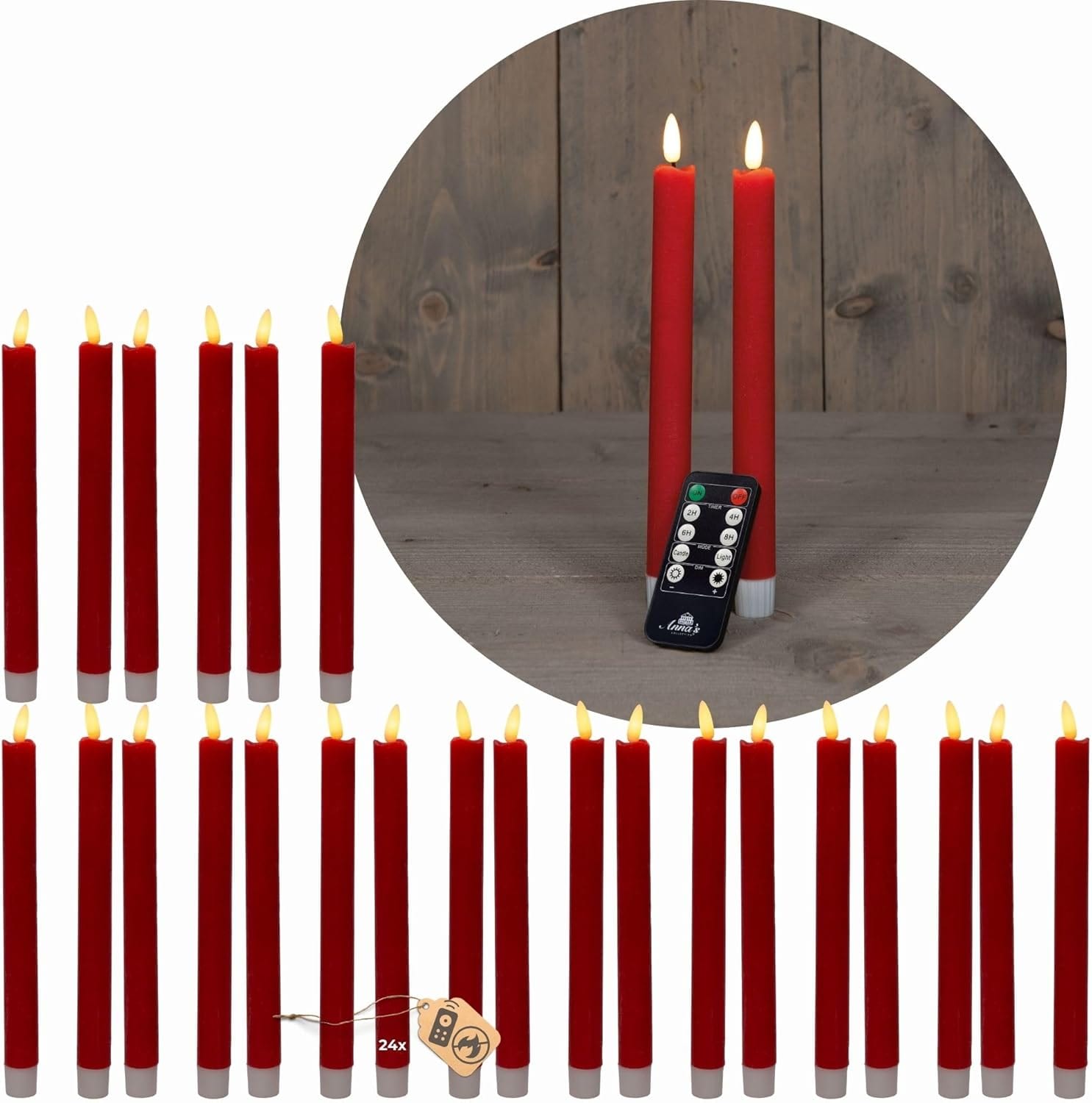 Novaliv LED Stabkerzen 24 St&uuml;ck ECHTWACHS ROT - mit Timer Funktion 6 Stunden - 18cm H&ouml;he f&uuml;r Kerzen 2 ,2cm Durchmesser 2 AAA Batterien notwendig LED Stabkerzen 4er Set 6x ROT bewegliche Flamme Licht - Bild 1