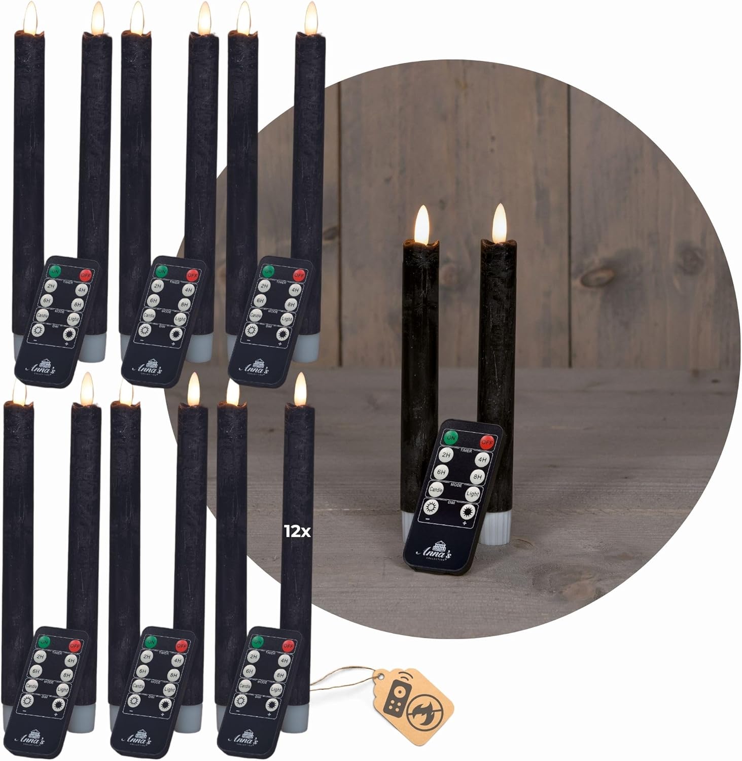 Stabkerzen LED mit Timer SCHWARZ 12 St&uuml;ck indoor 6 Stunden ECHTWACHS 18cm H&ouml;he f&uuml;r Kerzen 2 ,2cm Durchmesser 2 AAA Batterien notwendig LED Stabkerzen 4er Set SCHWARZ (drei Mal) bewegliche Flamme Licht - Bild 1