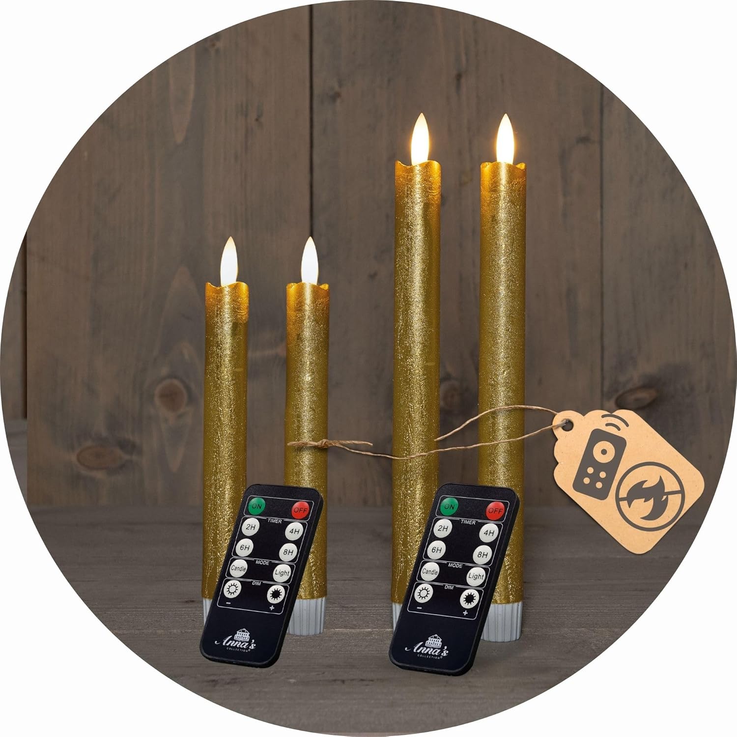 Sparset Stabkerzen LED mit Timer Klein+Gro&szlig; GOLD 4 St&uuml;ck GOLD indoor - 6 Stunden - ECHTWACHS 18cm+23cm H&ouml;he f&uuml;r Kerzen 2 ,2cm Durchmesser 2 AAA Batterien notwendig LED Stabkerzen flackernde Flamme - Bild 1