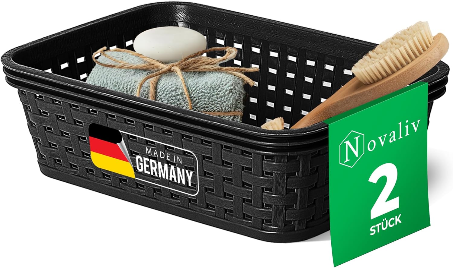 Novaliv 2 St&uuml;ck Eleganter Aufbewahrungskorb in Rattan-Optik | Schwarz Kunststoff 1L ? Perfekt f&uuml;r Bad & Kleidungsaufbewahrung. Aufbewahrungsbox Badezimmer K&ouml;rbchen Bad Organizer Korb Ordnungsbox - Bild 1