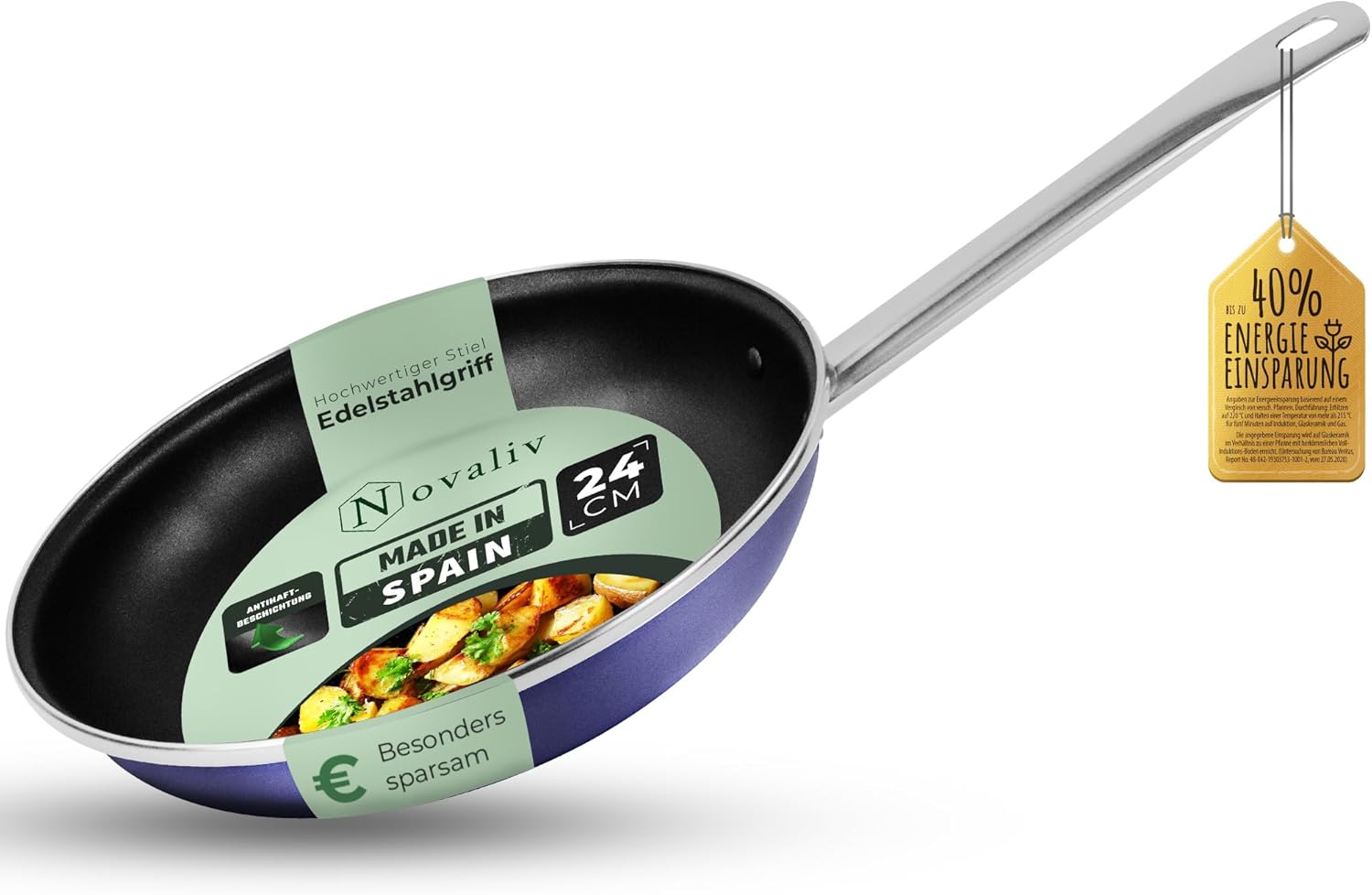 Novaliv Energiesparpfanne 24 cm Einsparung bis zu 40% - Emaillierter Stahl, Antihaft Beschichtung innen, sehr leicht zu reinigen, Blau, Pfanne f&uuml;r alle Herdarten Sp&uuml;lmaschinenfest Edelstahlgriff - Bild 1