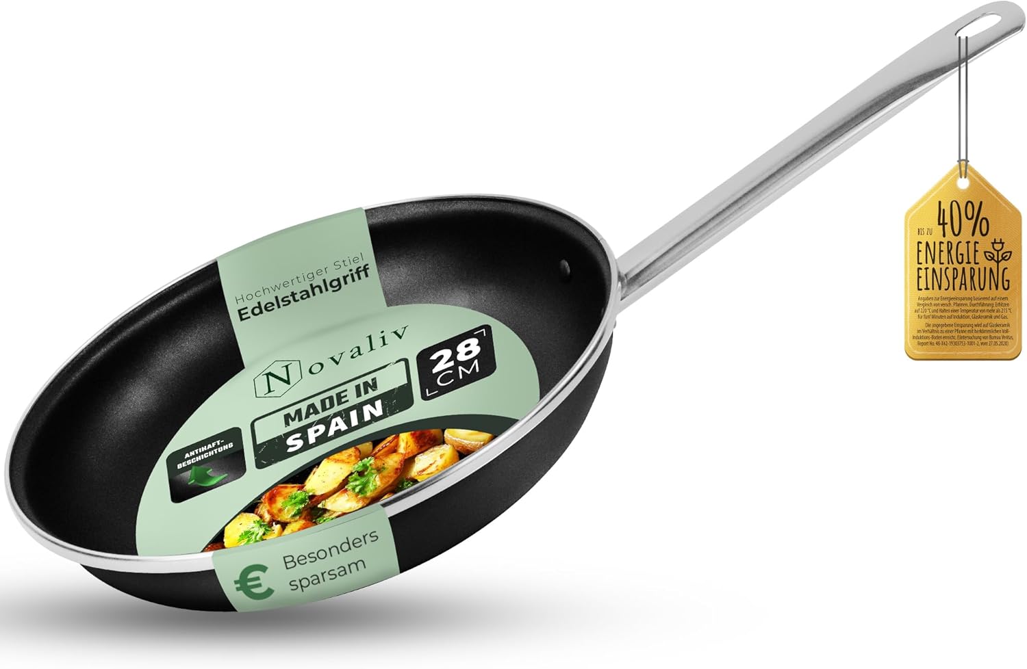 Novaliv Energiesparpfanne 28 cm Einsparung bis zu 40% - Emaillierter Stahl, Antihaft Beschichtung innen, sehr leicht zu reinigen, Schwarz Pfanne f&uuml;r alle Herdarten Sp&uuml;lmaschinenfest Edelstahlgriff - Bild 1