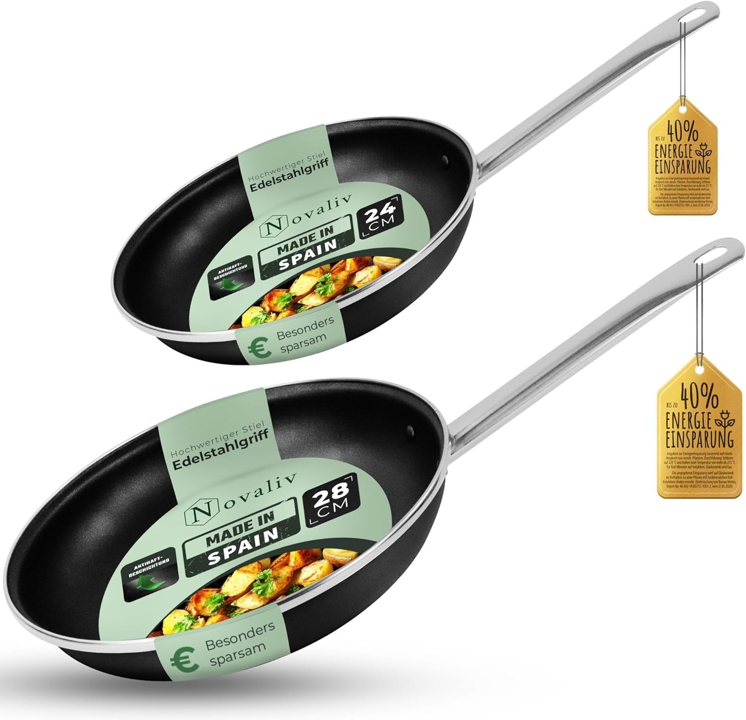 Novaliv Energiesparpfanne 24-28 cm Einsparung bis zu 40% Emaillierter Stahl Antihaft Beschichtung innen sehr leicht zu reinigen Schwarz Pfanne f&uuml;r alle Herdarten Sp&uuml;lmaschinenfest Edelstahlgriff - Bild 1