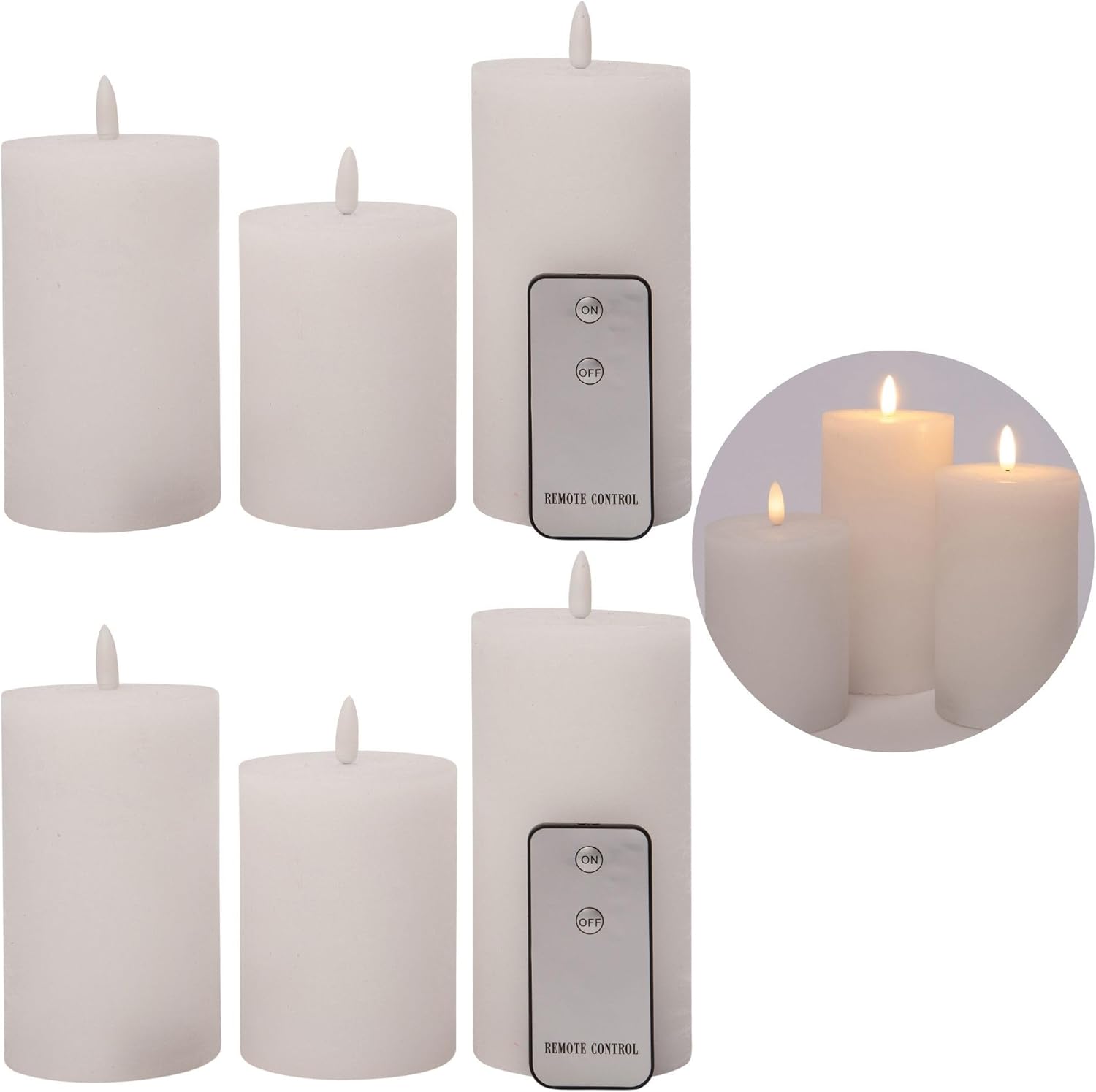 6er Set Led Kerzen 7 ,5cm &oslash; Kerze flackernde Flamme mit Fernbedingung WEISS 15 cm + 12 ,5 cm + 10 cm H&ouml;he , LED Kerzen mit Timerfunktion , 3 AAA Batterien n&ouml;tig , LED Echtwachs Stumpenkerzen warmwei&szlig; - Bild 1