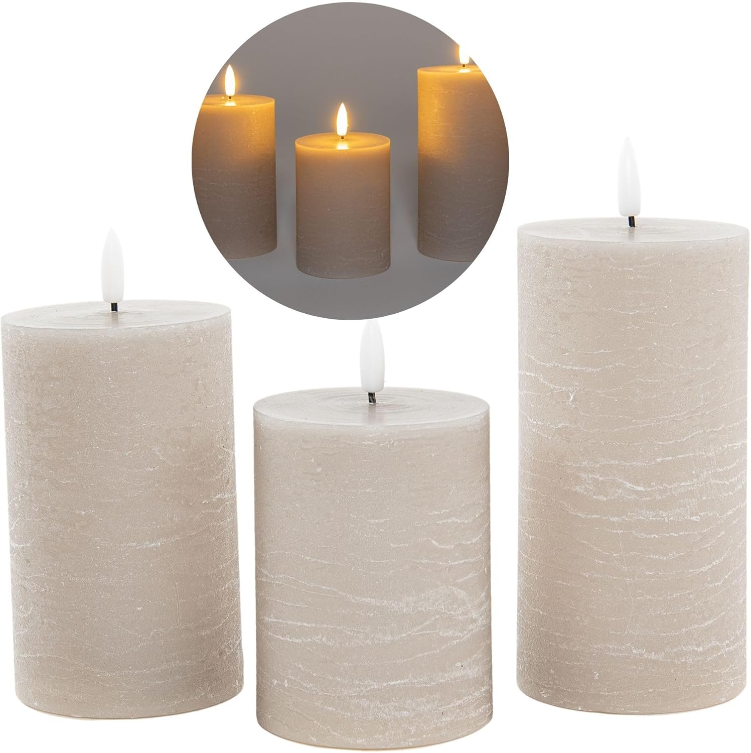 3er Set Led Kerzen 7 ,5cm &oslash; Kerze flackernde Flamme mit Fernbedingung GRAU TAUPE 15 cm + 12 ,5 cm + 10 cm H&ouml;he , LED Kerzen mit Timerfunktion , 3 AAA Batterien n&ouml;tig , LED Echtwachs Stumpenkerzen warmwei&szlig; - Bild 1