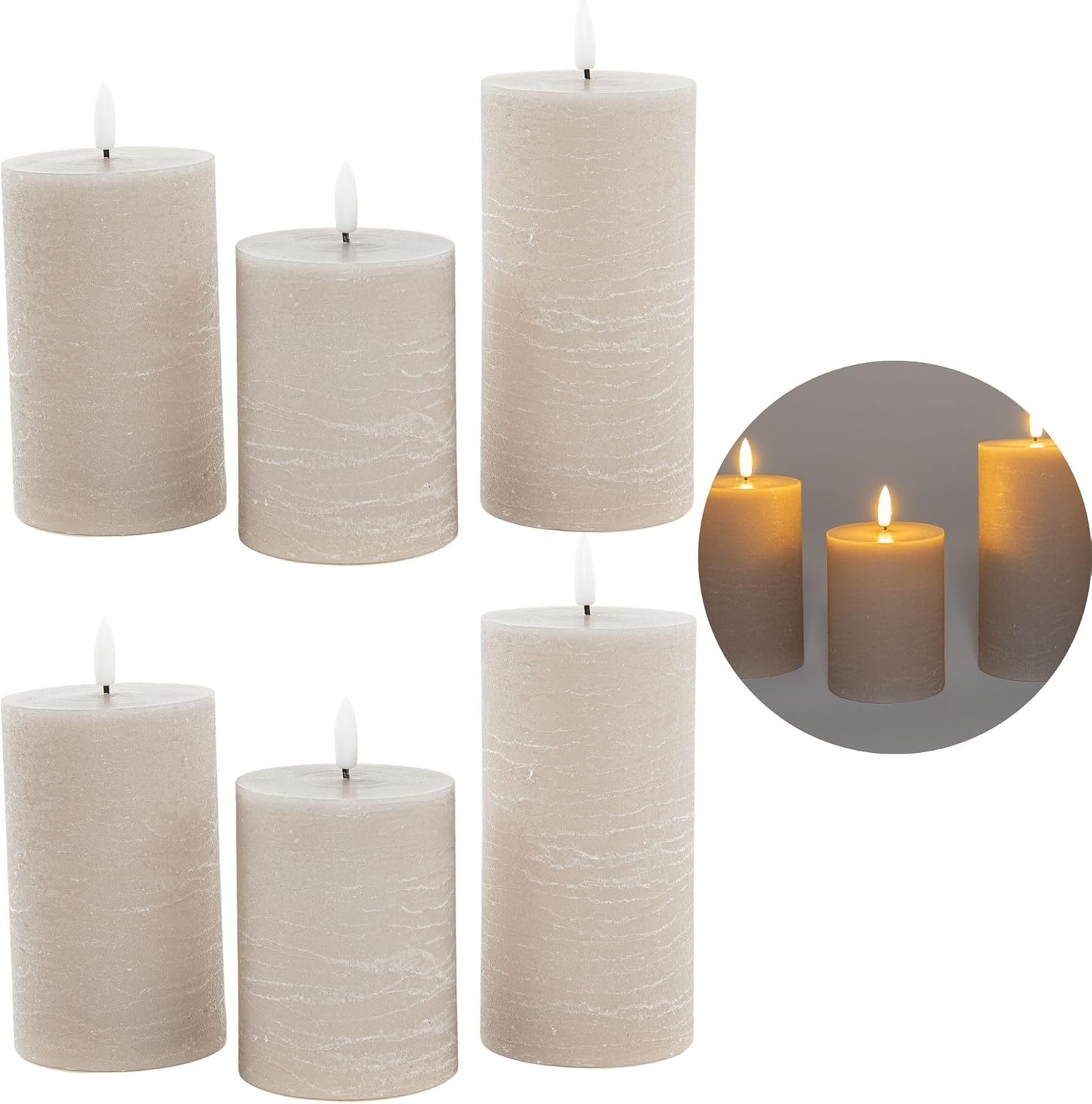 6er Set Led Kerzen 7 ,5cm &oslash; Kerze flackernde Flamme mit Fernbedingung GRAU TAUPE 15 cm + 12 ,5 cm + 10 cm H&ouml;he , LED Kerzen mit Timerfunktion , 3 AAA Batterien n&ouml;tig , LED Echtwachs Stumpenkerzen warmwei&szlig; - Bild 1