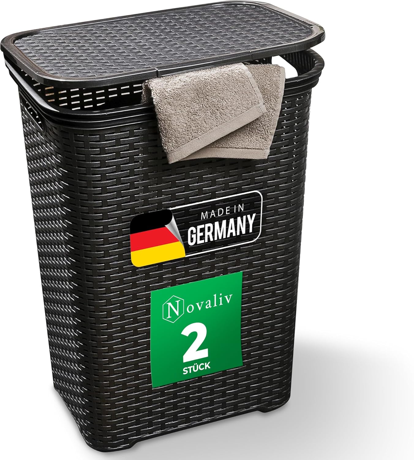 2er-Set Rattan W&auml;schekorb mit Deckel 60L Schwarz , W&auml;schebox Set W&auml;scheeimer W&auml;schebeh&auml;lter modern f&uuml;r Bad W&auml;sche Schmutzw&auml;sche , W&auml;schek&ouml;rbe Schmutzw&auml;schebeh&auml;lter Sammler Korb - Bild 1
