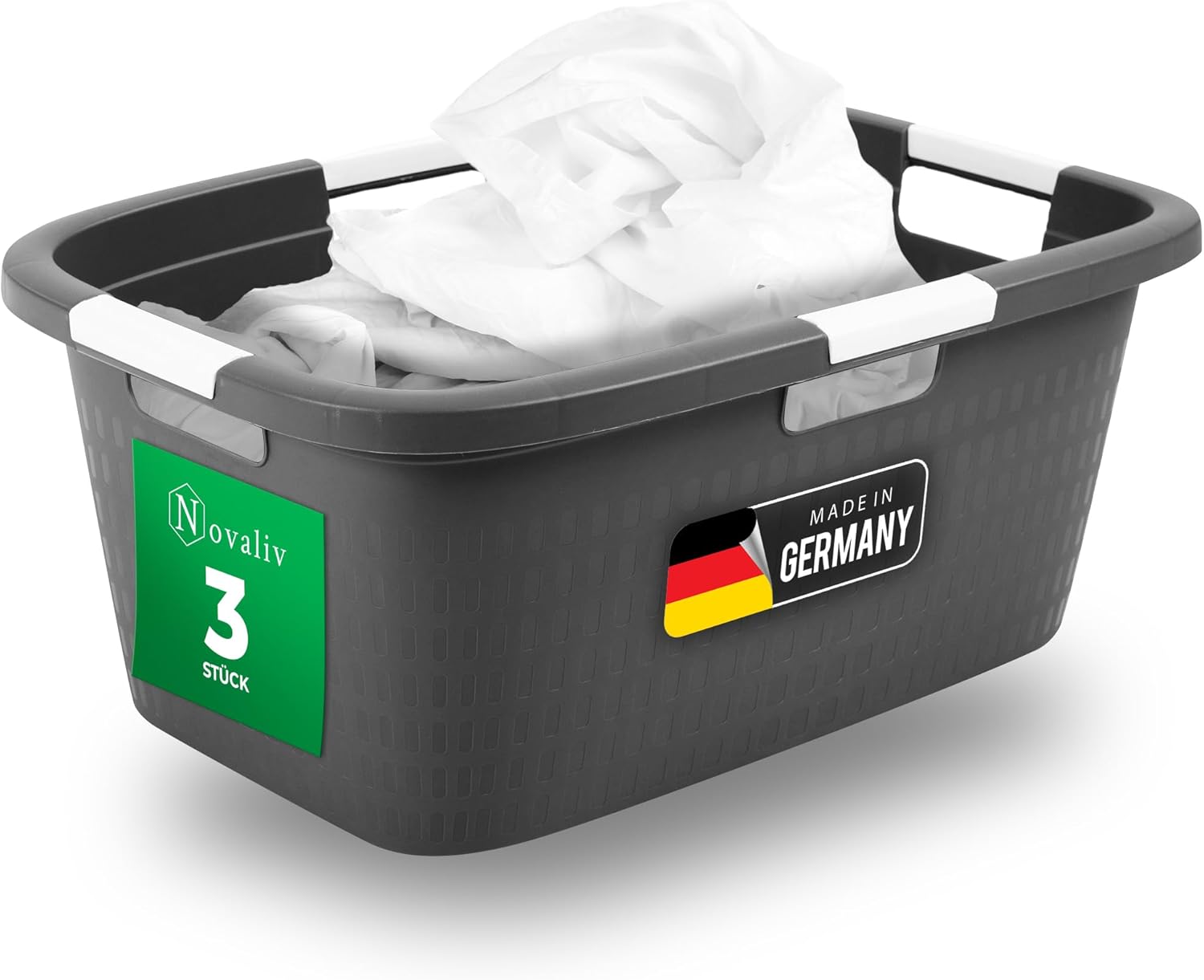 Novaliv 3 St&uuml;ck W&auml;schewanne mit 4 Griffen 40L Anthrazit , W&auml;schebox Set W&auml;scheeimer W&auml;schebeh&auml;lter f&uuml;r Bad W&auml;sche Schmutzw&auml;sche , W&auml;schewannen Laundry Basket Haushalt Korb Sammler Box - Bild 1
