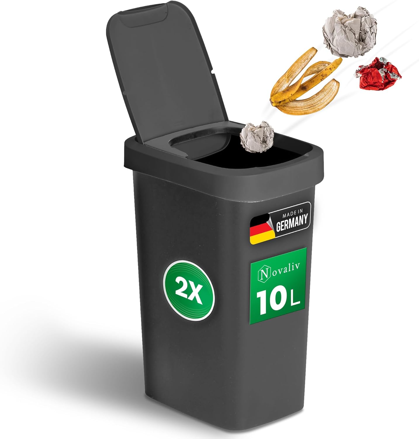 Novaliv 2 St&uuml;ck M&uuml;lleimer 10L mit 2in1 Deckel, Klappdeckel & Schwingdeckel, Anti-Geruch Abfalleimer f&uuml;r Bad Badezimmer K&uuml;che Haushalt B&uuml;ro, M&uuml;ll Trash Bin Eimer Abfall Kunststoff Abfallbeh&auml;lter - Bild 1