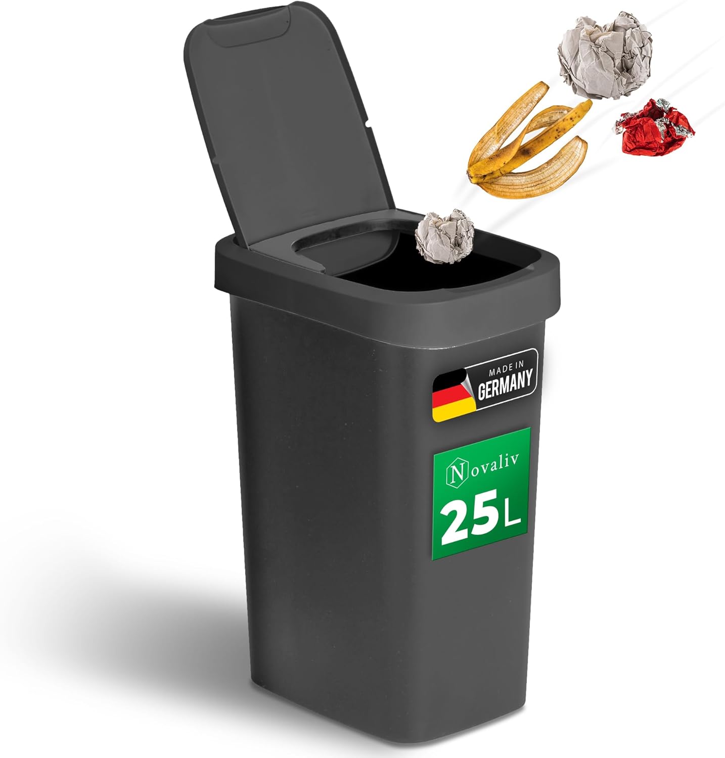 Novaliv M&uuml;lleimer 25L mit 2in1 Deckel, Klappdeckel & Schwingdeckel, Anti-Geruch Abfalleimer f&uuml;r K&uuml;che Haushalt B&uuml;ro, M&uuml;ll Eimer Abfall Trash Kunststoff Abfallbeh&auml;lter M&uuml;lltonne M&uuml;llbeh&auml;lter - Bild 1