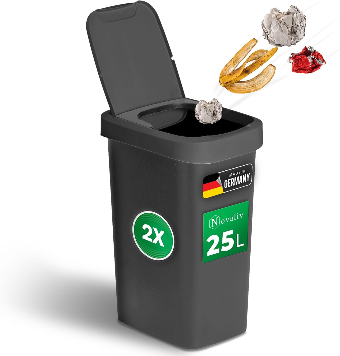 Novaliv 2x M&uuml;lleimer 25L mit 2in1 Deckel, Klappdeckel & Schwingdeckel, Anti-Geruch Abfalleimer f&uuml;r K&uuml;che Haushalt B&uuml;ro, M&uuml;ll Eimer Abfall Trash Kunststoff Abfallbeh&auml;lter M&uuml;llbeh&auml;lter Tonne - Bild 1