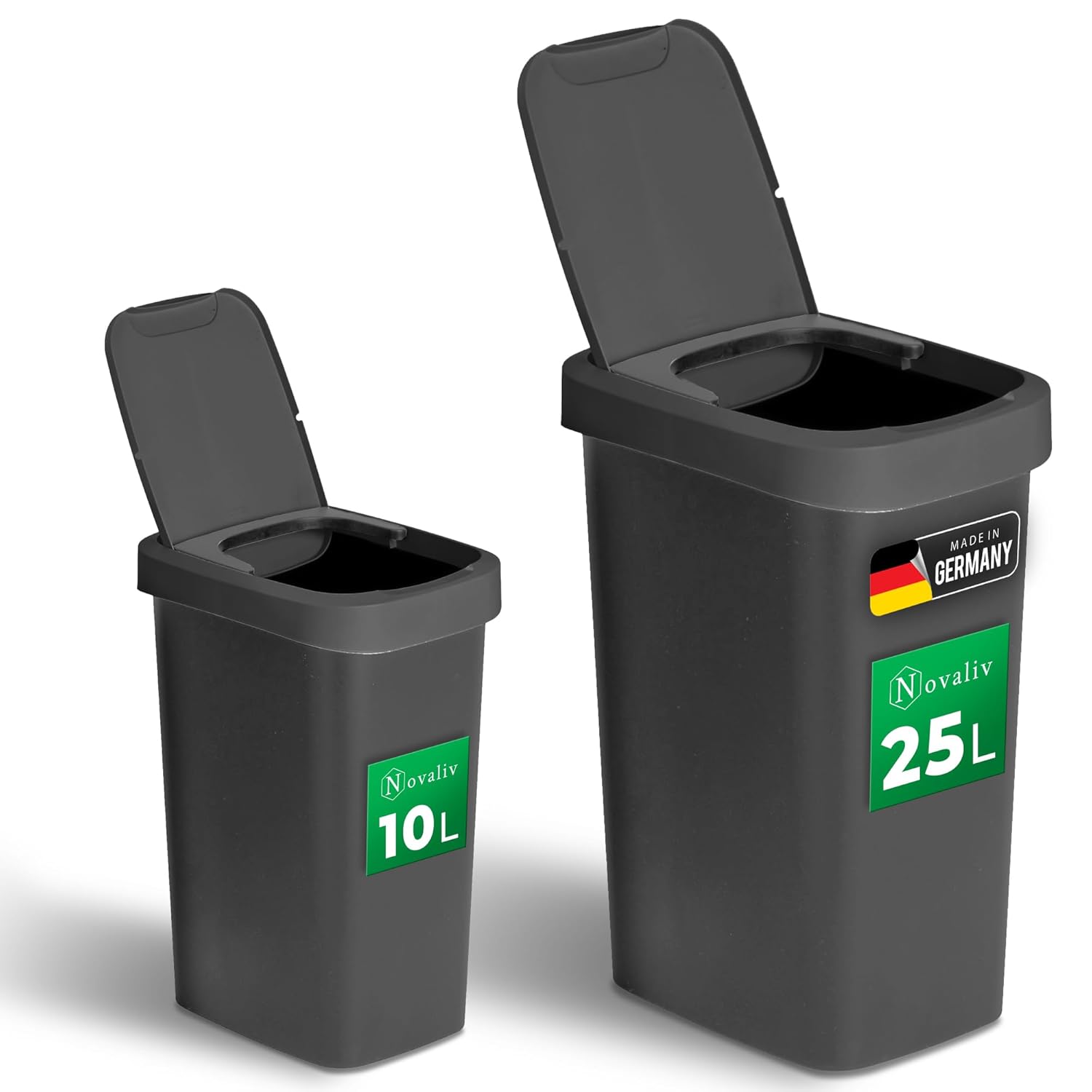 Novaliv Abfalleimer-Set 10L + 25L, M&uuml;lleimer mit 2in1 Deckel, Klappdeckel & Schwingdeckel, Anti-Geruch M&uuml;lleimer f&uuml;r Bad K&uuml;che Haushalt B&uuml;ro, M&uuml;ll Eimer Abfall Kunststoff Abfallbeh&auml;lter - Bild 1