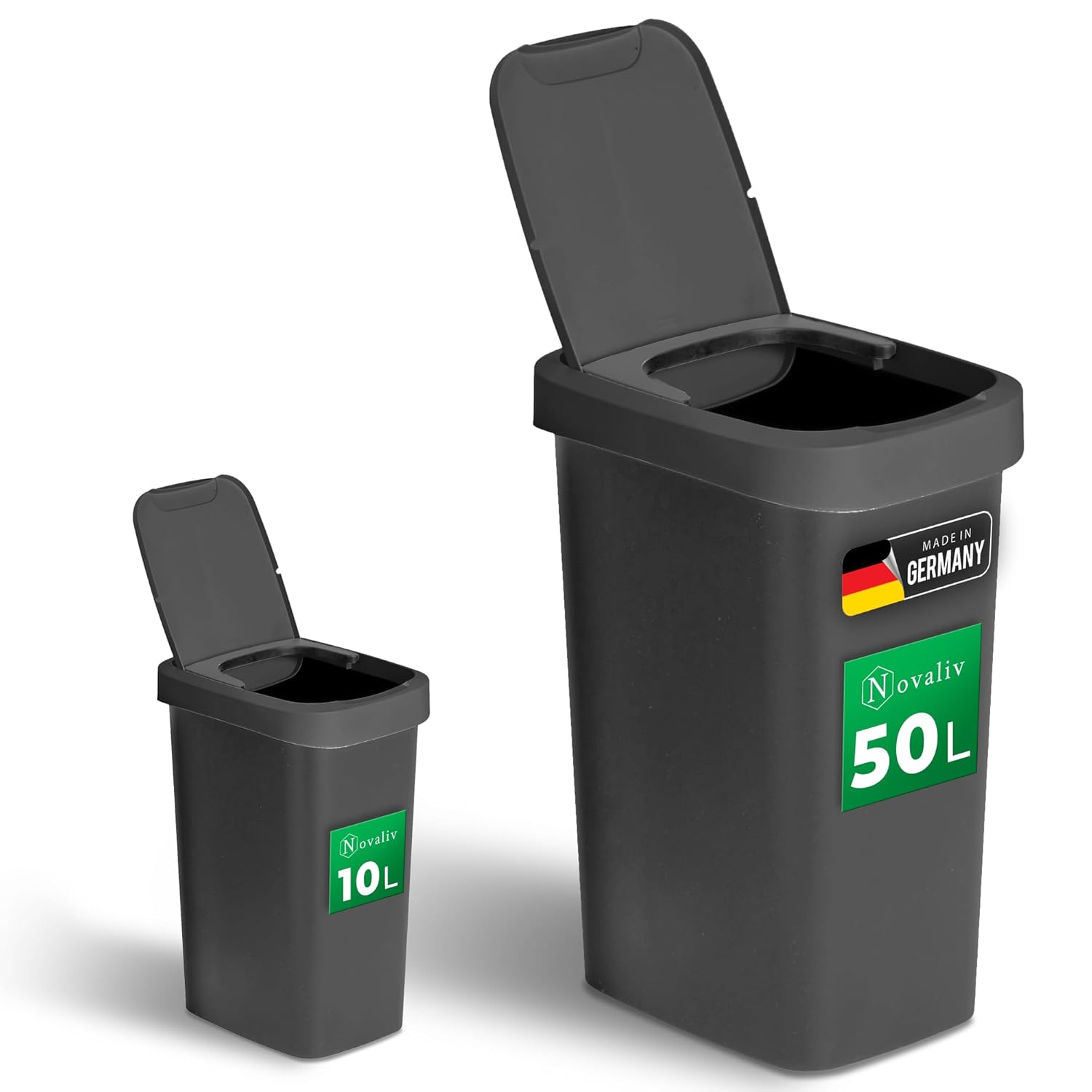 Novaliv Abfalleimer-Set 10L + 50L, M&uuml;lleimer mit 2in1 Deckel, Klappdeckel & Schwingdeckel, Anti-Geruch M&uuml;lleimer f&uuml;r K&uuml;che Haushalt B&uuml;ro, M&uuml;ll Eimer Abfall Trash Kunststoff Abfallbeh&auml;lter - Bild 1