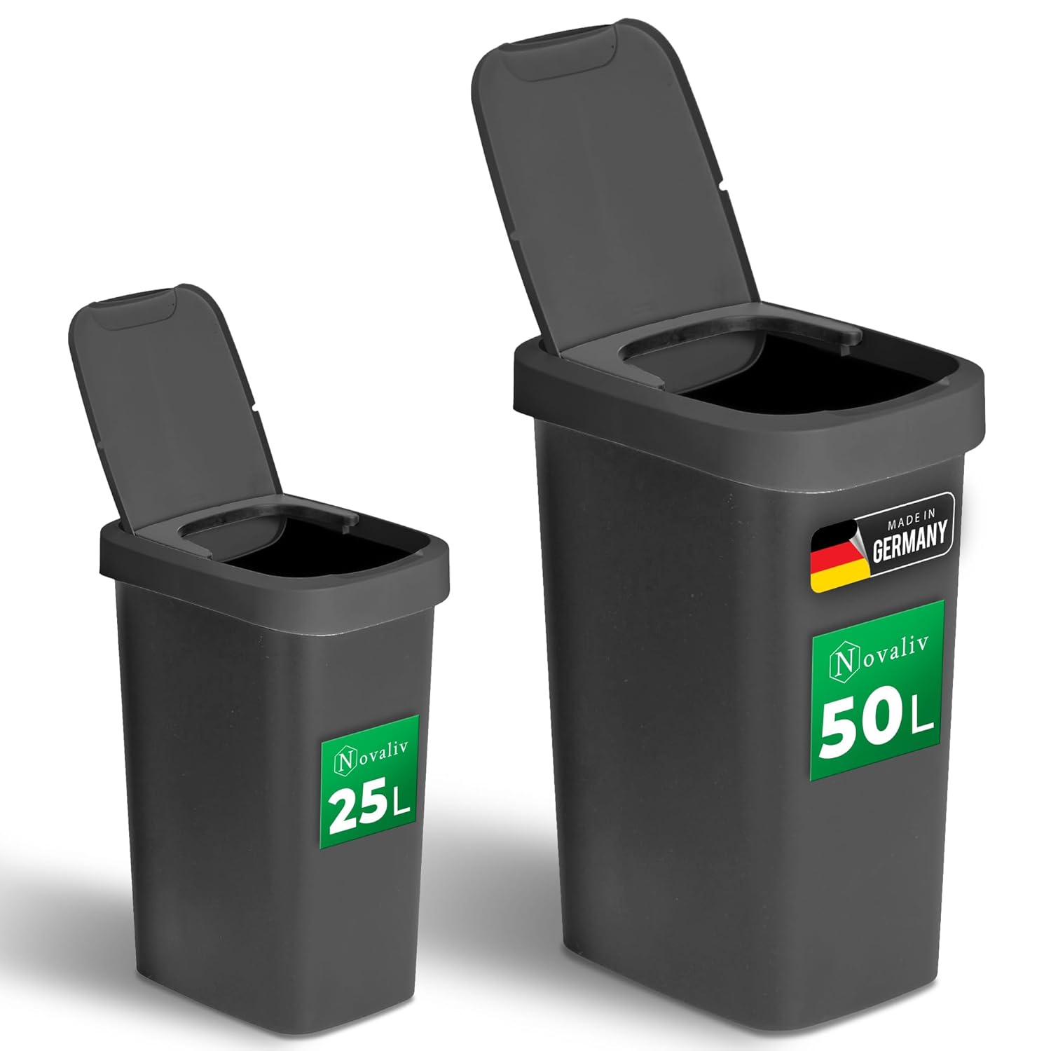 Novaliv M&uuml;lleimer-Set 25L + 50L, Abfalleimer mit 2in1 Deckel, Klappdeckel & Schwingdeckel, Anti-Geruch M&uuml;lleimer f&uuml;r K&uuml;che Haushalt B&uuml;ro, M&uuml;ll Eimer Abfall Trash Kunststoff Abfallbeh&auml;lter - Bild 1
