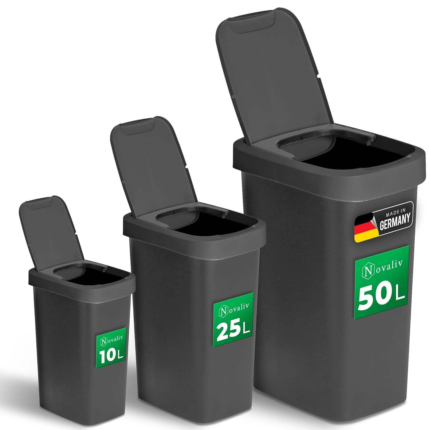 Novaliv M&uuml;lleimer-Set 10L + 25L + 50L, Abfalleimer mit 2in1 Deckel, Klappdeckel & Schwingdeckel, Anti-Geruch M&uuml;lleimer f&uuml;r K&uuml;che Haushalt B&uuml;ro, M&uuml;ll Eimer Abfall Kunststoff Abfallbeh&auml;lter - Bild 1