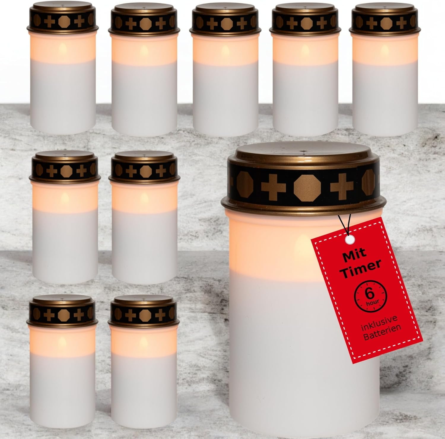 Novaliv LED Grablichter mit Batterie und Timer 6/18 wei&szlig; 10 St&uuml;ck LED Kerzen mit Batterien Grabkerzen Friedhofskerze Kerzen flackernde Flamme Gedenkkerze Ewiges Licht Trauerkerze - Bild 1