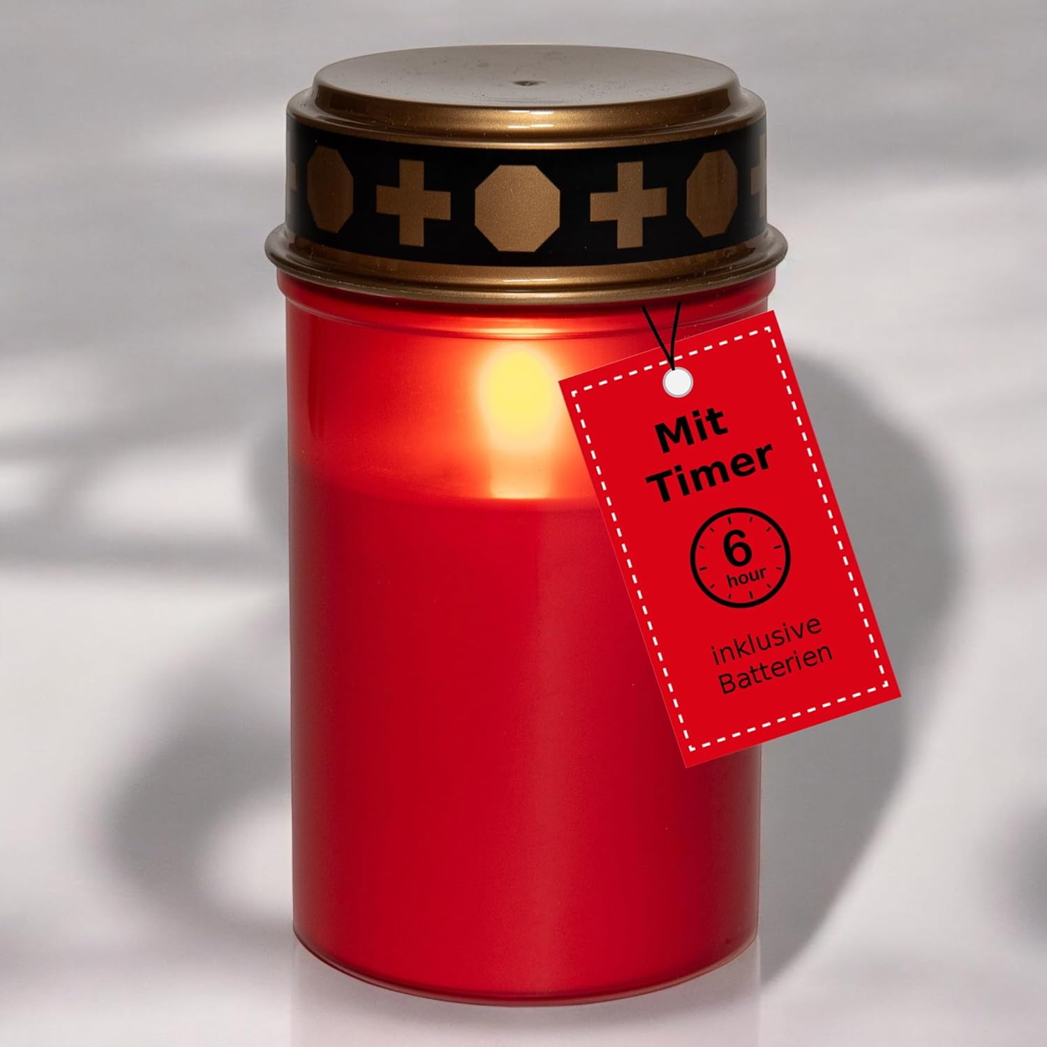Novaliv Grablicht LED mit Batterie und Timer 6/18 LED Grablicht rot Dauerbrenner mit Batterie Flackereffekt Grabkerzen Friedhofskerze Gedenkkerze Grablaterne Ewiges Licht Trauerkerze - Bild 1