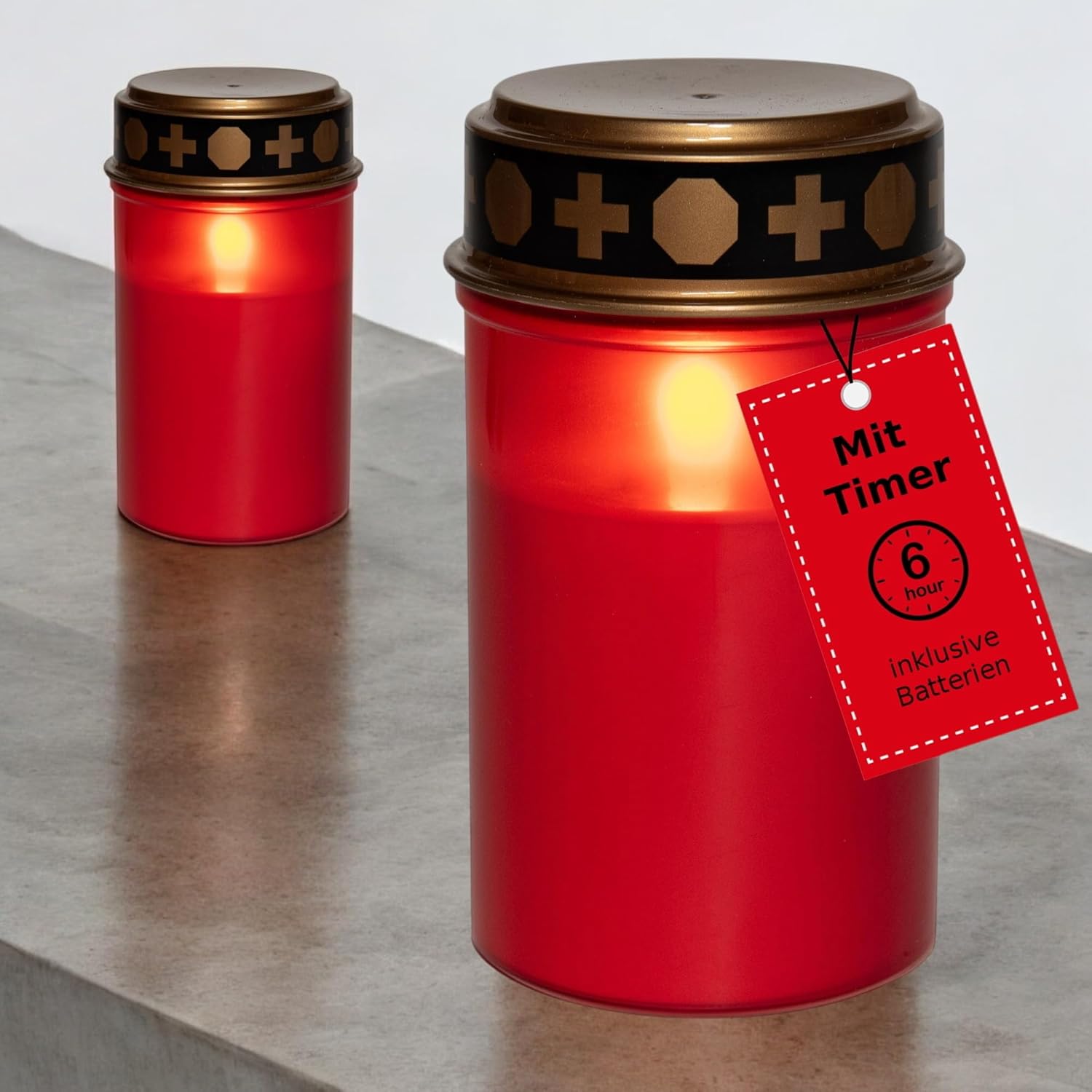 Novaliv 2 St&uuml;ck Grablichter LED mit Batterie und Timer 6/18 Grablichter rot Dauerbrenner Grablicht LED Kerzen flackernde Flamme Friedhofskerze Gedenkkerze Grablaterne Ewiges Licht Trauerkerze - Bild 1