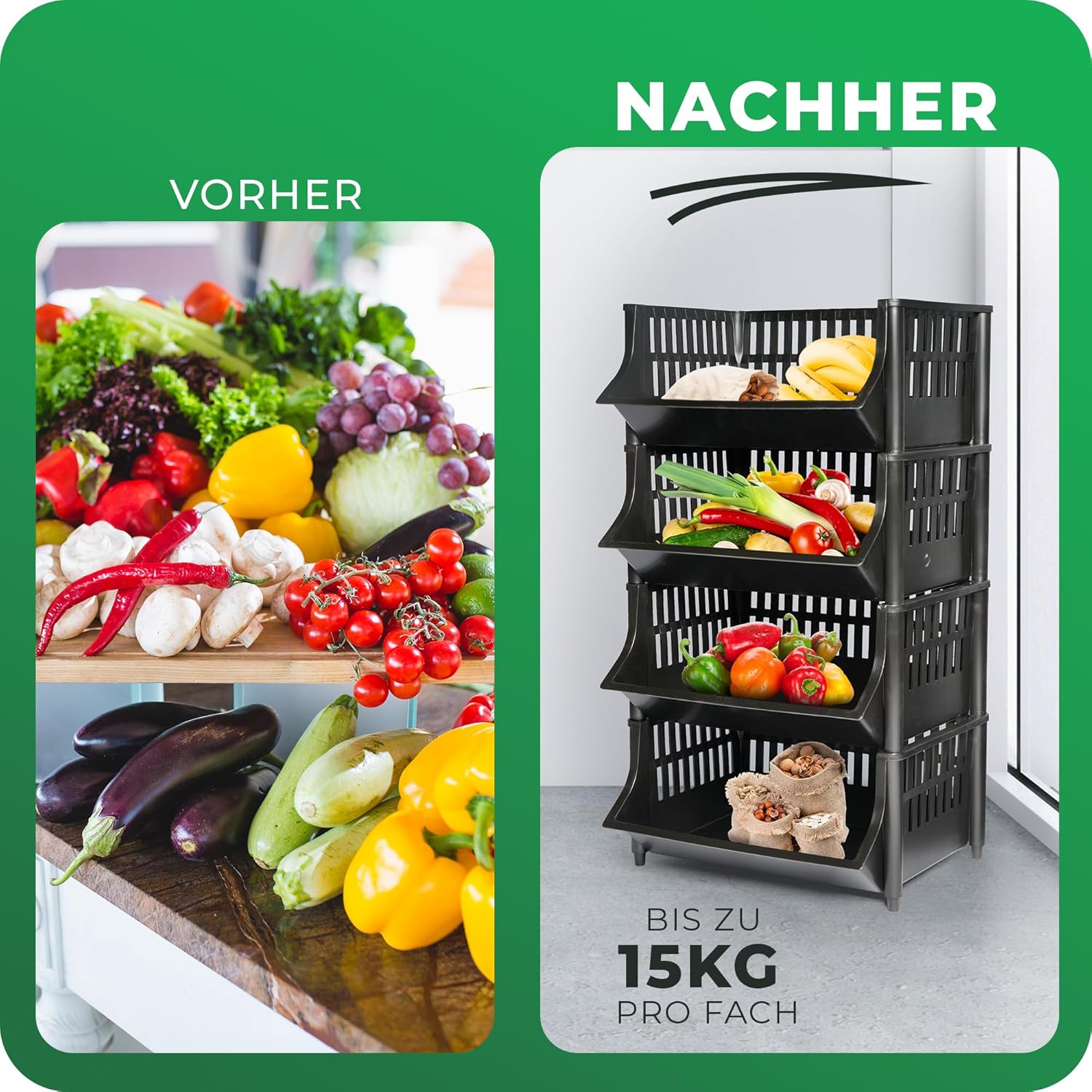 Novaliv Set van 4 zwarte planken, stapelbaar en uitbreidbaar, planken voor voorraadruimte, levensmiddelenkast, fruitrek, kelder, opslagsysteem, appelrek, stapelmand, stapelrek, kunststof