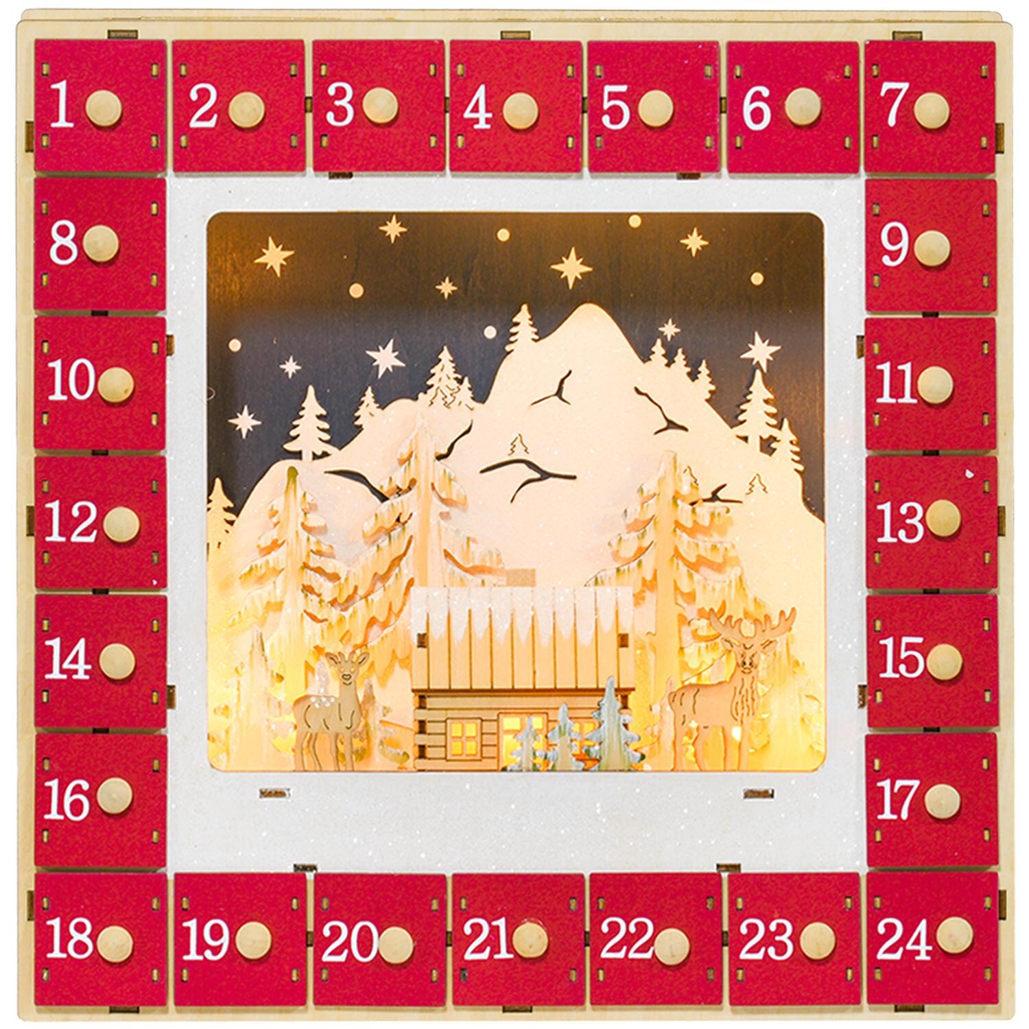 Adventskalender zum Befüllen 24 Schubladen Fächer Weihnachtskalender mit LED-Lichtern Adventskalenderbox Weihnachtsdekoration DIY MDF 34 x 7 x 34 cm Rot | 00052226769520