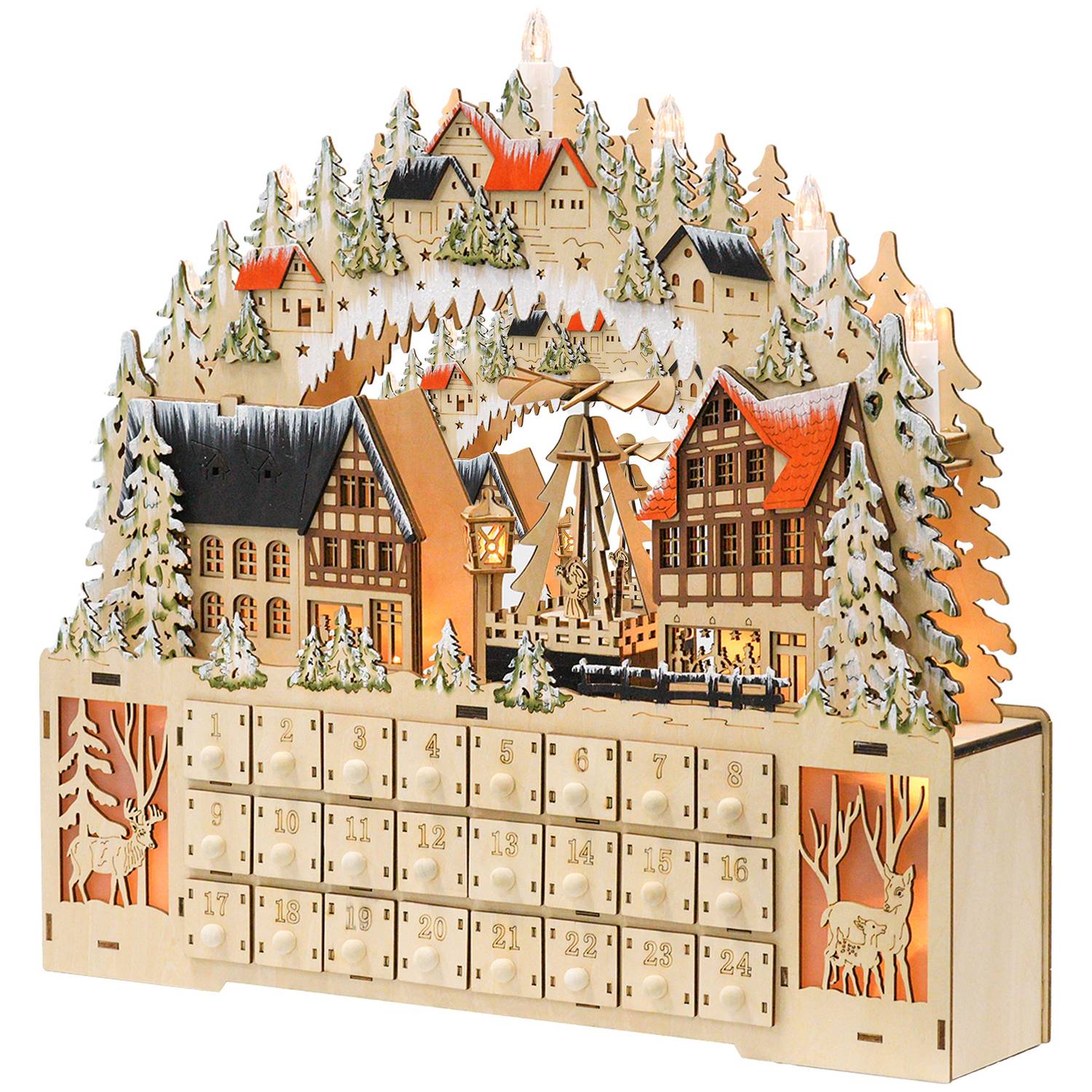 Adventskalender zum Bef&uuml;llen 24 Schubladen F&auml;cher Weihnachtskalender mit LED-Lichtern Adventskalenderbox Weihnachtsdekoration DIY MDF Naturholz 45 x 9 x 42,5 cm - Bild 1