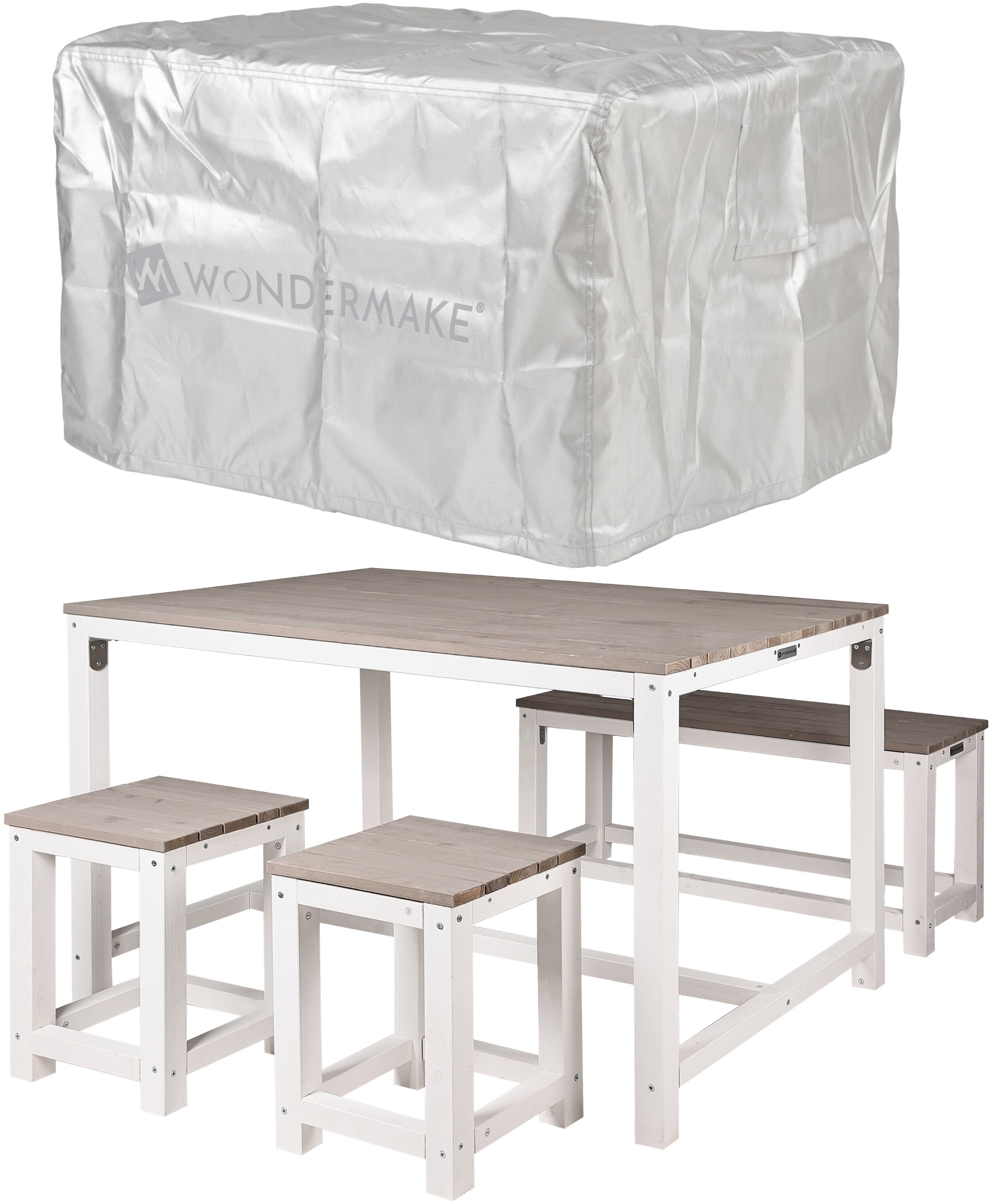 WONDERMAKE&reg; Design Sitzgruppe Sitzgarnitur Holz mit Abdeckung Outdoor Garten Balkon 4 Personen Pl&auml;tze, Essgruppe M&ouml;bel-Set Essgarnitur drau&szlig;en au&szlig;en, 4-teilig: Tisch Sitzbank St&uuml;hle Hocker, wei&szlig; grau - Bild 1