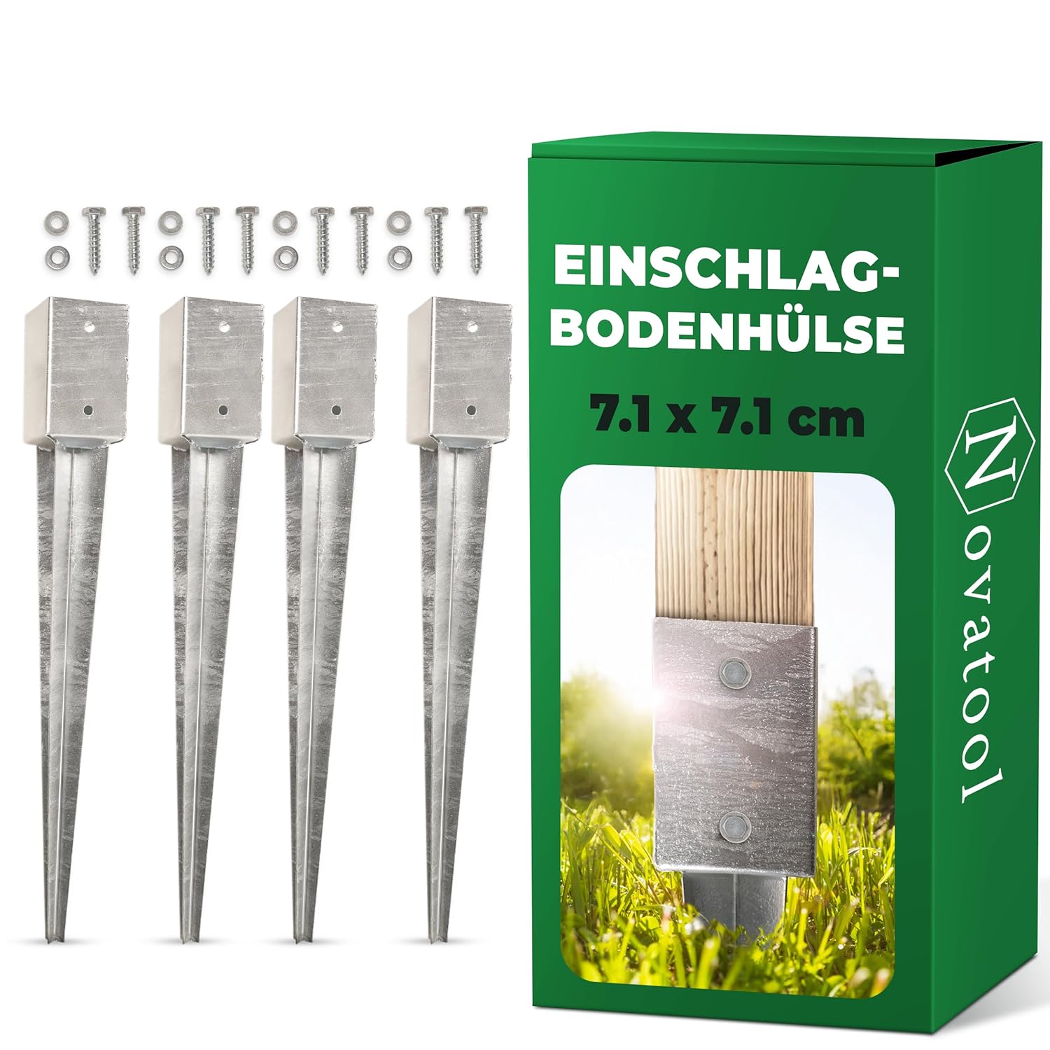 Novatool 4x Einschlagbodenh&uuml;lsen-Set 71x71x750 mm , Bodenh&uuml;lse Sonnenschirm Pfostentr&auml;ger Zaunpfosten Holzpfosten Bodenh&uuml;lsen Einschlagh&uuml;lse Bodenanker Erdspie&szlig; zum Einschlagen , verzinkt , mit Schrauben - Bild 1