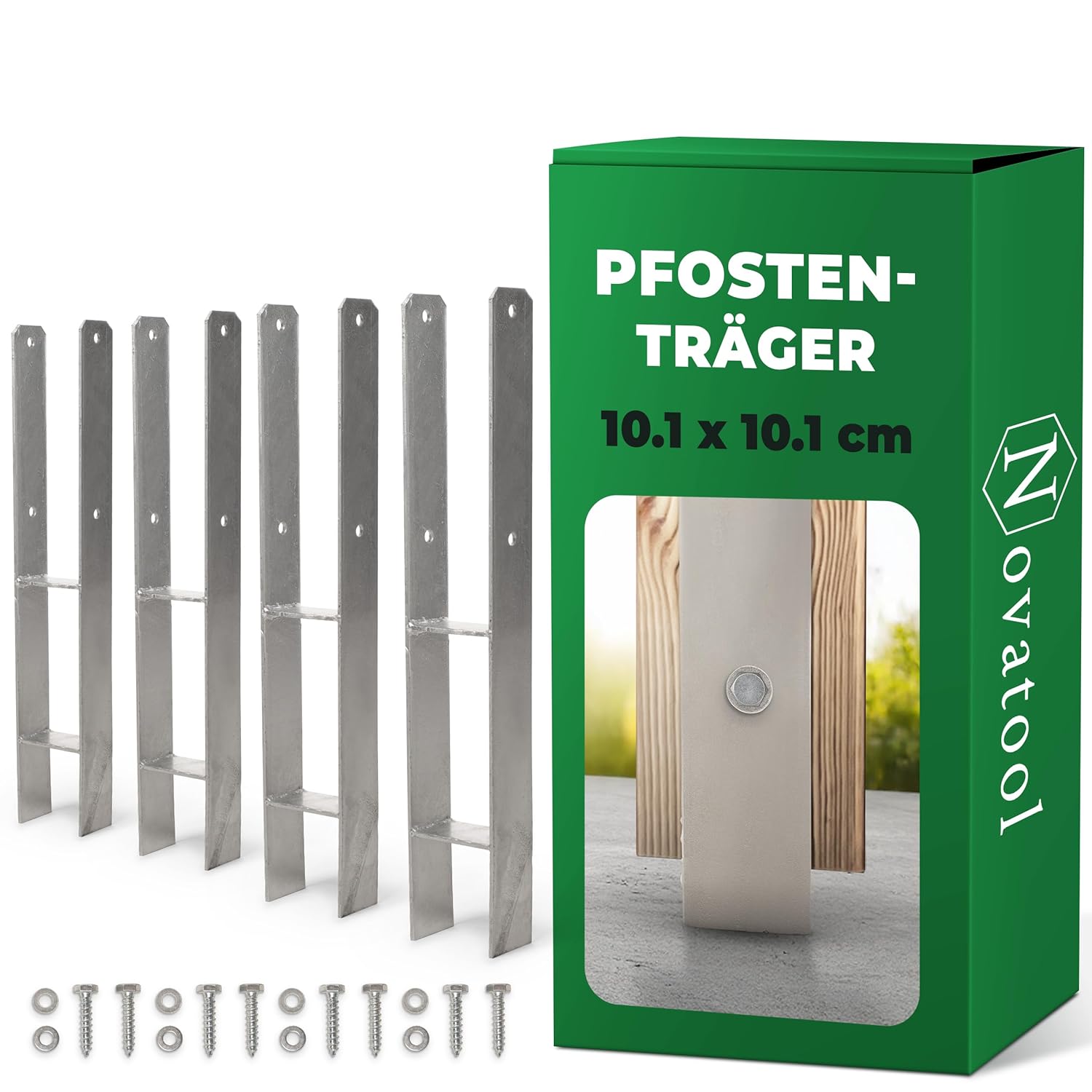 Novatool 4x Einschlagbodenh&uuml;lsen-Set H-Form 101x101x600 mm , Bodenh&uuml;lse Sonnenschirm Pfostentr&auml;ger Zaunpfosten Holzpfosten Bodenh&uuml;lsen Einschlagh&uuml;lse Erdspie&szlig; zum Einschlagen , verzinkt , mit Schrauben - Bild 1
