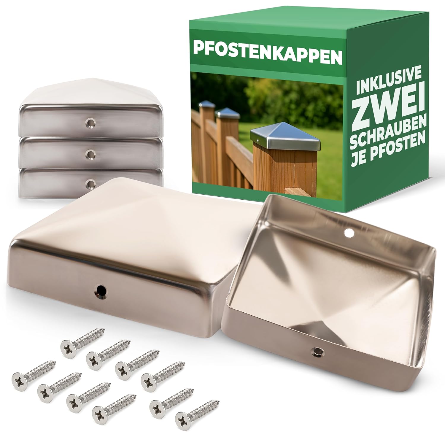 Novatool 5 St&uuml;ck Edelstahl Pfostenkappen 91x91mm mit Schrauben , Pfostenabdeckung Pfostenkappe 9 ,1cm Holzpfosten Zaunpfosten Zaun Abdeckung Abdeckkappen Abdeckkappe Zaunkappe Zaunkappen Pfostenschuhe - Bild 1
