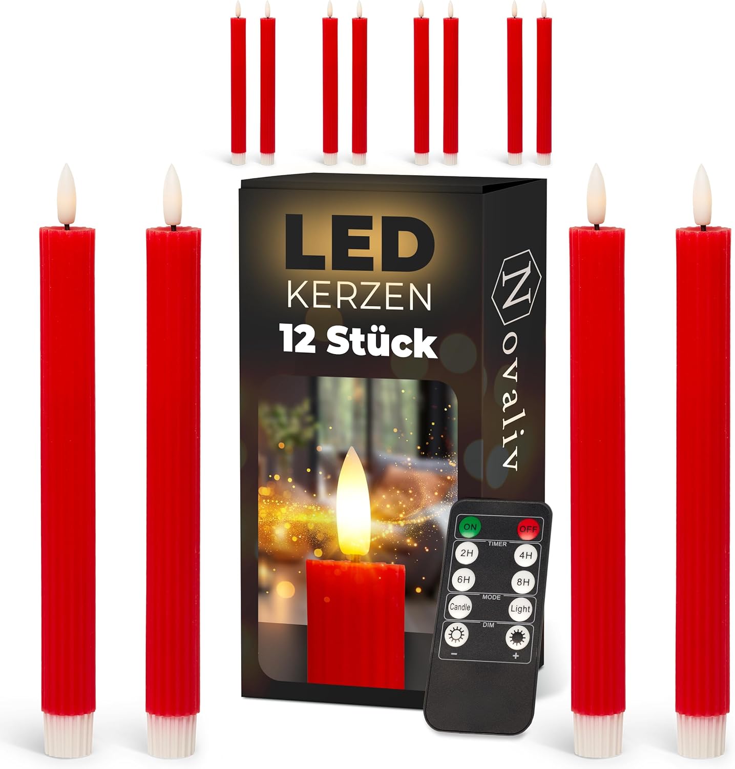 Stabkerzen LED mit Timer ROT 12 St&uuml;ck indoor - 6 Stunden - ECHTWACHS gerippt 23cm H&ouml;he f&uuml;r Kerzen 2 ,2cm Durchmesser 2 AAA Batterien notwendig LED Stabkerzen 2er Set ROT (drei Mal) bewegliche Flamme - Bild 1