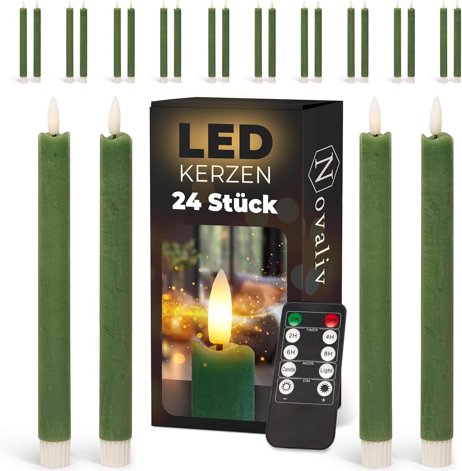Novaliv LED Stabkerzen 24 St&uuml;ck ECHTWACHS Gr&uuml;n - mit Timer Funktion 6 Stunden - 23cm H&ouml;he f&uuml;r Kerzen 2 ,2cm Durchmesser 2 AAA Batterien notwendig LED Stabkerzen 2er Set 6X Gr&uuml;n bewegliche Flamme - Bild 1
