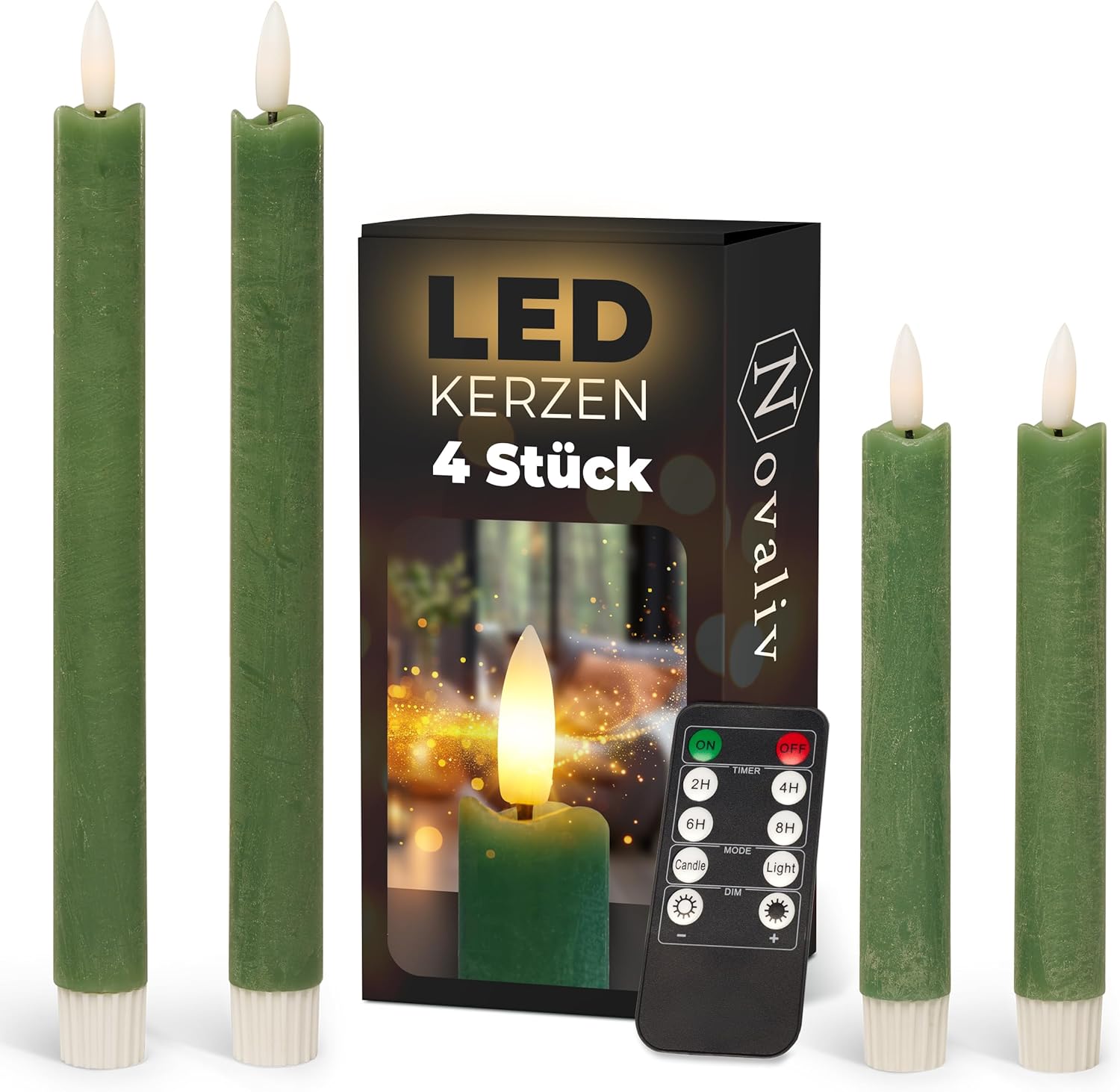 Sparset Stabkerzen LED mit Timer Klein+Gro&szlig; Gr&uuml;n 4 St&uuml;ck Gr&uuml;n Indoor - 6 Stunden - ECHTWACHS 18cm+23cm H&ouml;he f&uuml;r Kerzen 2 ,2cm Durchmesser 2 AAA Batterien notwendig LED Stabkerzen flackernde Flamme - Bild 1