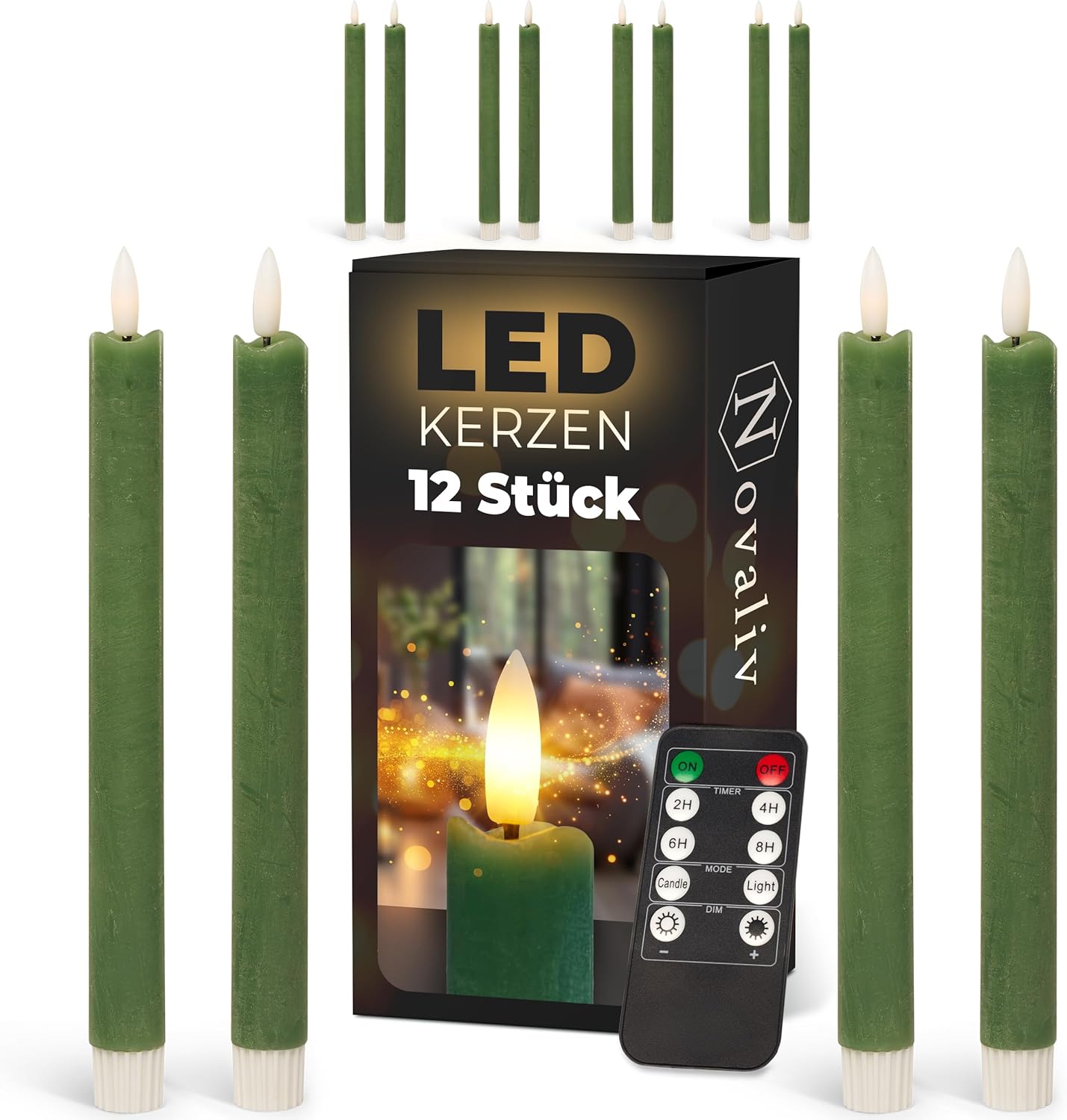 Stabkerzen LED mit Timer Gr&uuml;n 12 St&uuml;ck Indoor - 6 Stunden - ECHTWACHS 23cm H&ouml;he f&uuml;r Kerzen 2 ,2cm Durchmesser 2 AAA Batterien notwendig LED Stabkerzen 2er Set Gr&uuml;n (DREI Mal) bewegliche Flamme - Bild 1