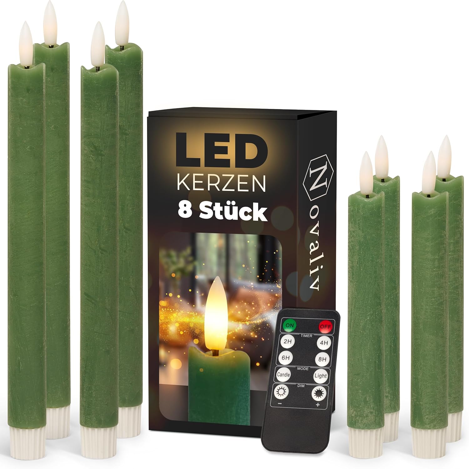 Sparset Stabkerzen LED mit Timer Klein+Gro&szlig; Gr&uuml;n 8 St&uuml;ck Gr&uuml;n indoor - 6 Stunden - ECHTWACHS 18cm+23cm H&ouml;he f&uuml;r Kerzen 2 ,2cm Durchmesser 2 AAA Batterien notwendig LED Stabkerzen flackernde Flamme - Bild 1