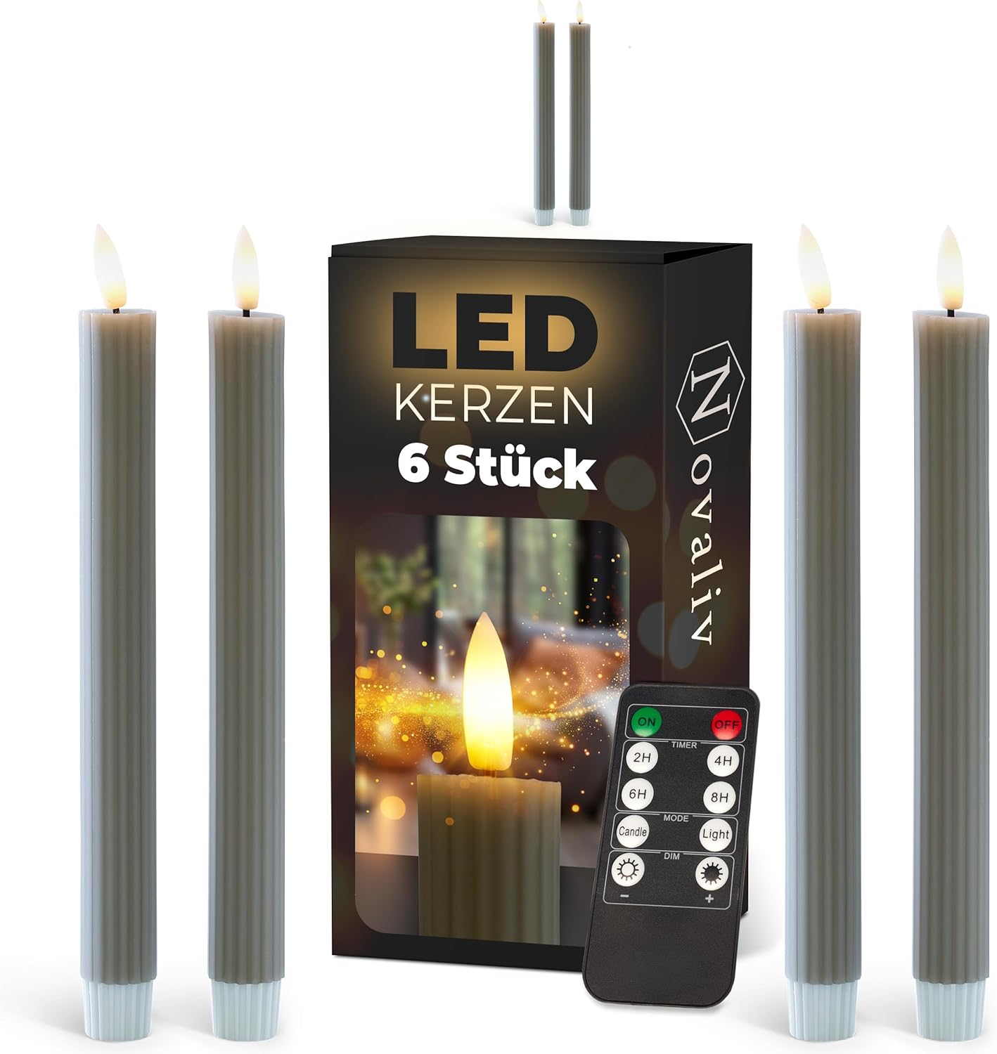 Stabkerzen LED mit Timer Taupe GRAU 6 St&uuml;ck Indoor 6 Stunden ECHTWACHS gerippt 23cm H&ouml;he f&uuml;r Kerzen 2 ,2cm Durchmesser 2 AAA Batterien notwendig LED Stabkerzen 2er Set 2X bewegliche Flamme - Bild 1