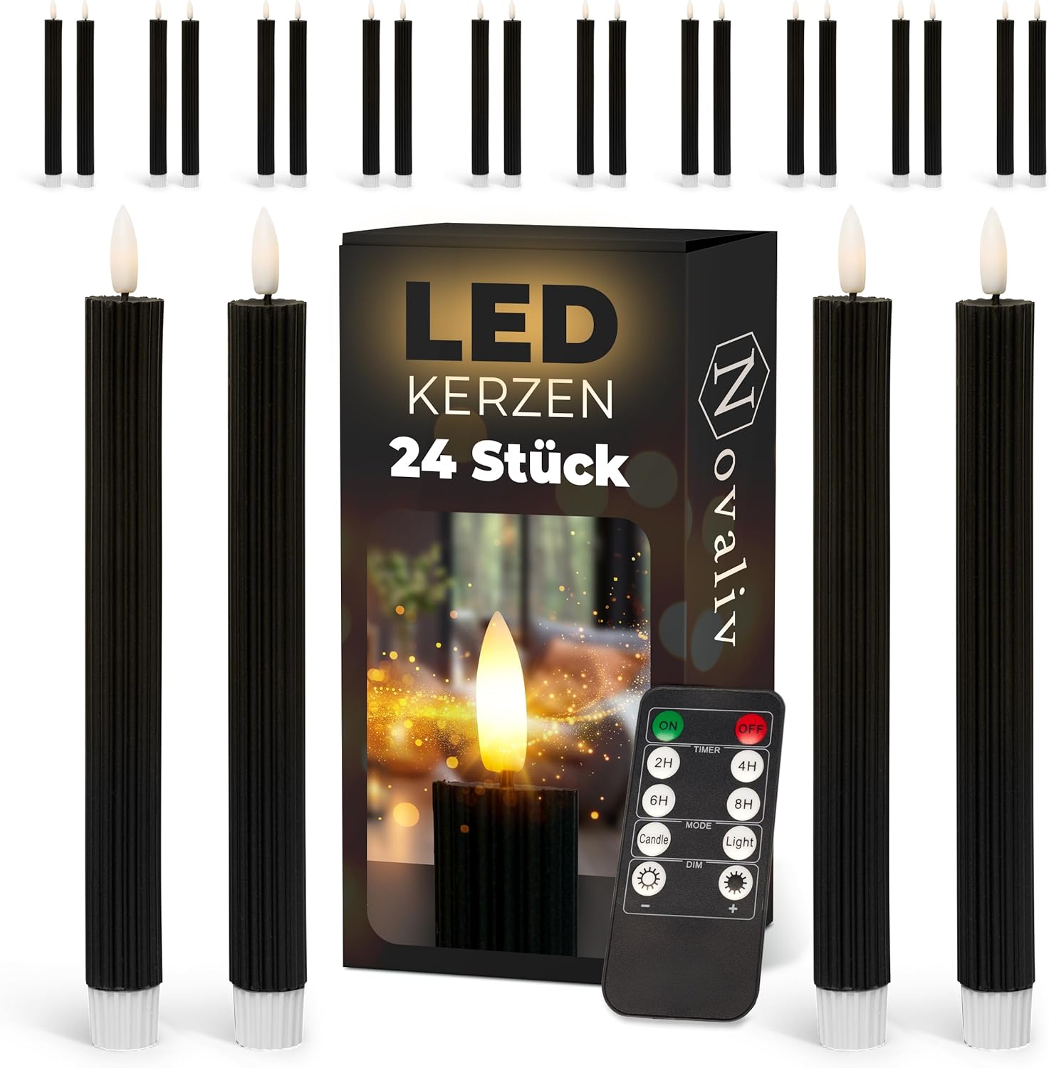 LED Stabkerzen 12 St&uuml;ck ECHTWACHS gerippt SCHWARZ mit Timer Funktion 6 Stunden 23cm H&ouml;he f&uuml;r Kerzen 2 ,2cm Durchmesser 2 AAA Batterien notwendig LED Stabkerzen 2er Set (sechs Mal) bewegliche Flamme - Bild 1