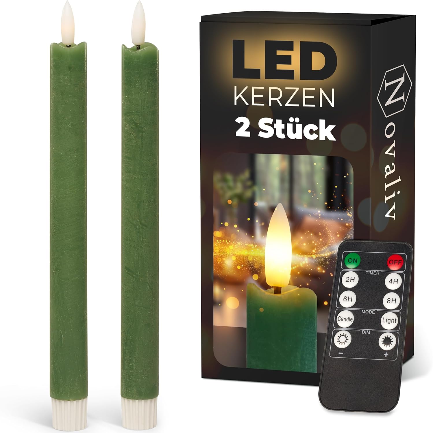 Stabkerzen LED mit Timer Gr&uuml;n 2er Indoor mit 6 Stunden Timer - ECHTWACHS 23cm H&ouml;he f&uuml;r Kerzen 2 ,2cm Durchmesser 2 AAA Batterien notwendig LED Stabkerzen flackernde Flamme bewegliche Flamme - Bild 1