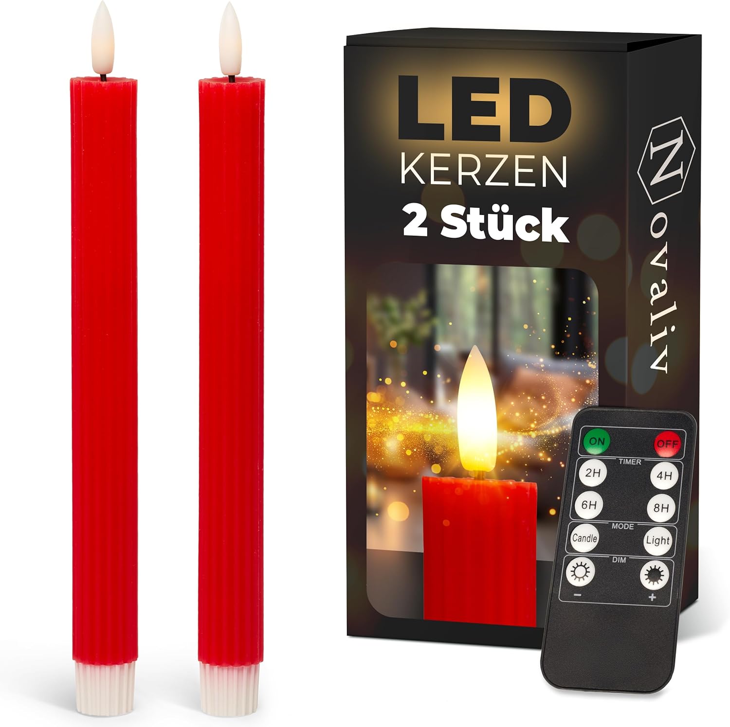 Stabkerzen LED mit Timer ROT 2er indoor mit 6 Stunden Timer - ECHTWACHS gerippt 23cm H&ouml;he f&uuml;r Kerzen 2 ,2cm Durchmesser 2 AAA Batterien notwendig LED Stabkerzen flackernde Flamme bewegliche Flamme - Bild 1