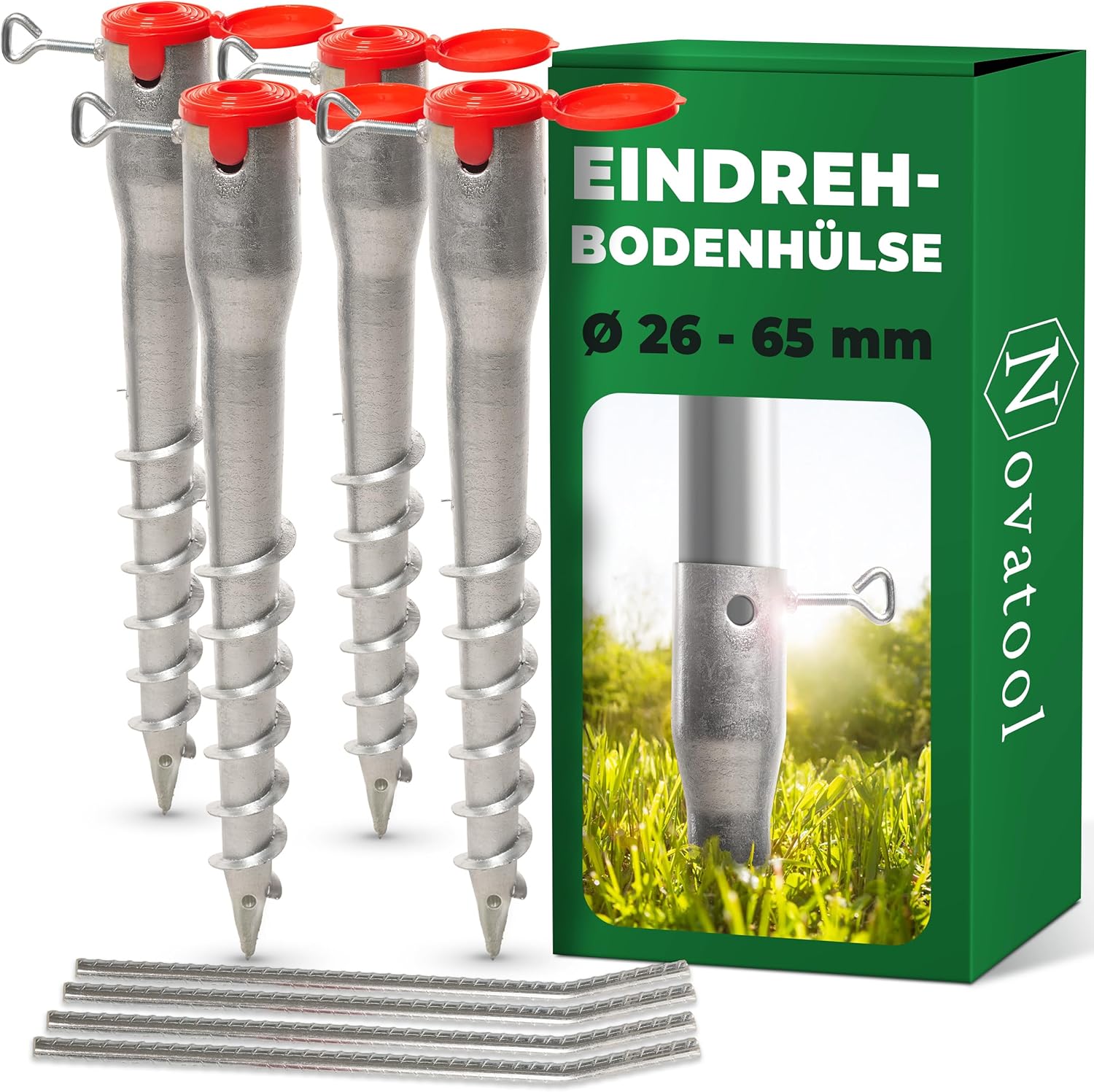 Novatool 4x Eindrehbodenh&uuml;lsen-Set f&uuml;r Rohre mit &Oslash; 26-65 mm , Bodenh&uuml;lse Sonnenschirm Pfostentr&auml;ger Einschraubh&uuml;lse Boden Schraubh&uuml;lse , Alternativ zu Bodeneinschlagh&uuml;lse Einschlagbodenh&uuml;lse - Bild 1