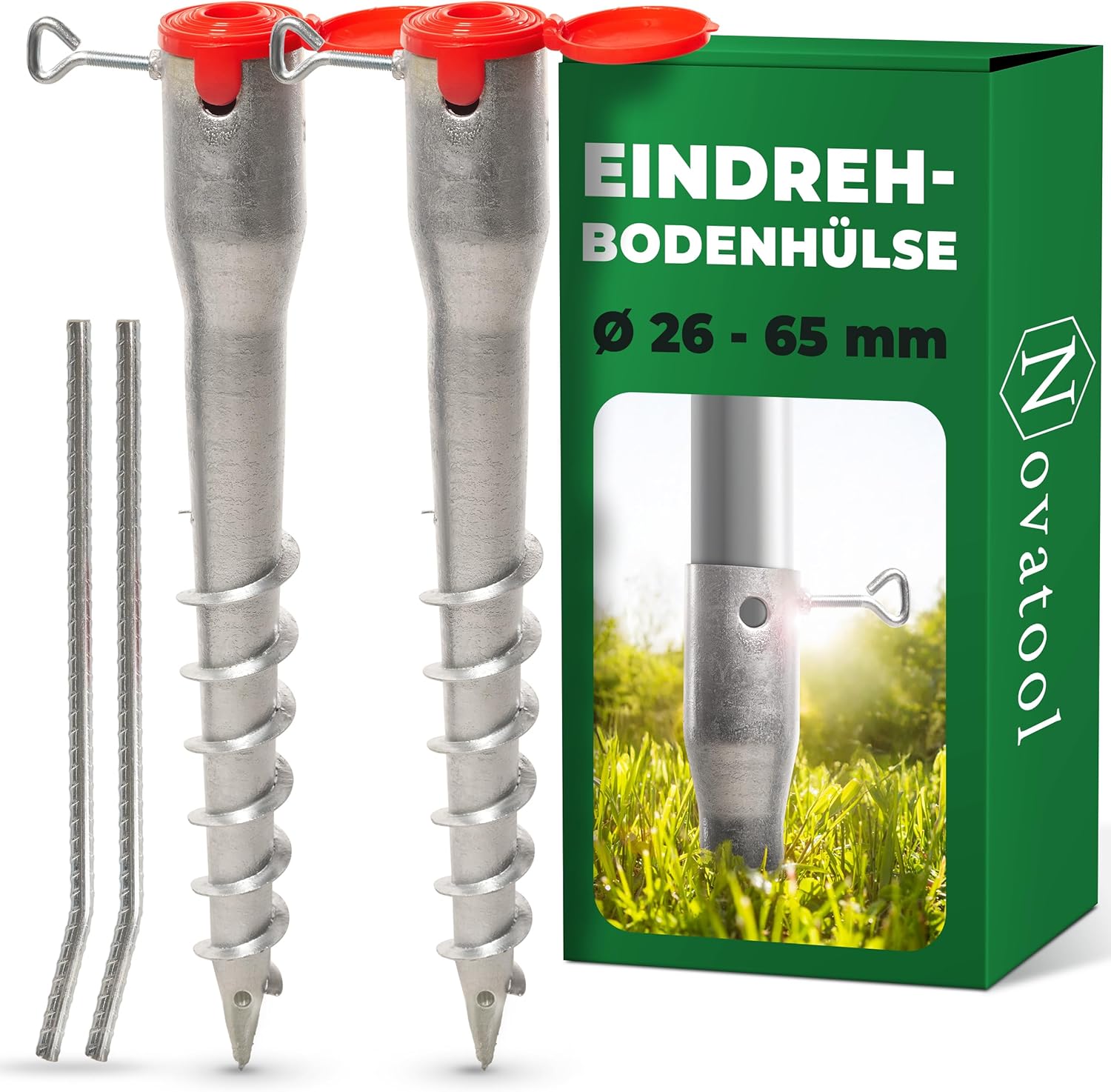 Novatool 2x Eindrehbodenh&uuml;lsen-Set f&uuml;r Rohre mit &Oslash; 26-65 mm , Bodenh&uuml;lse Sonnenschirm Pfostentr&auml;ger Einschraubh&uuml;lse Boden Schraubh&uuml;lse , Alternativ zu Bodeneinschlagh&uuml;lse Einschlagbodenh&uuml;lse - Bild 1