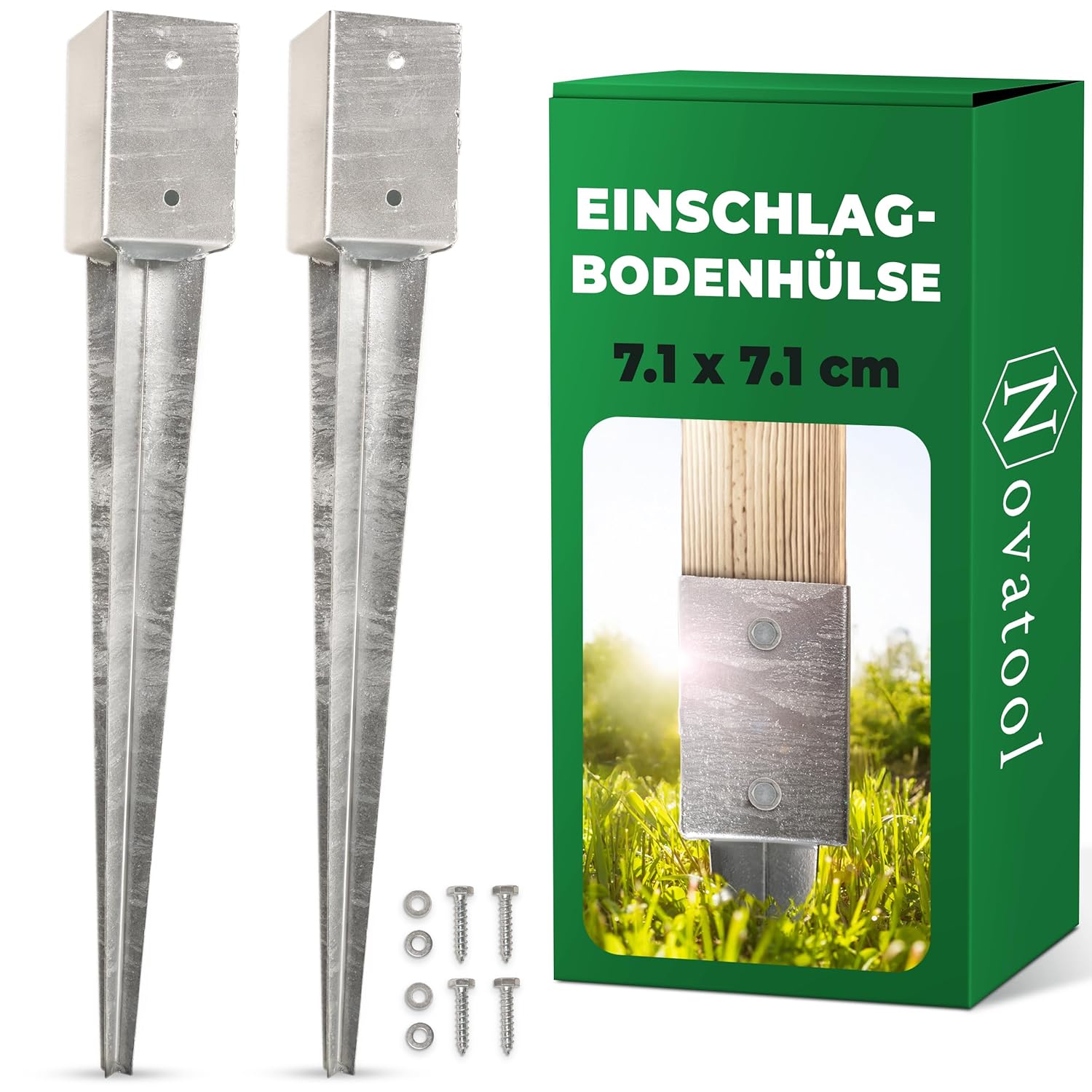 Novatool 2x Einschlagbodenh&uuml;lsen-Set 71x71x750 mm , Bodenh&uuml;lse Sonnenschirm Pfostentr&auml;ger Zaunpfosten Holzpfosten Bodenh&uuml;lsen Einschlagh&uuml;lse Bodenanker Erdspie&szlig; zum Einschlagen , verzinkt , mit Schrauben - Bild 1