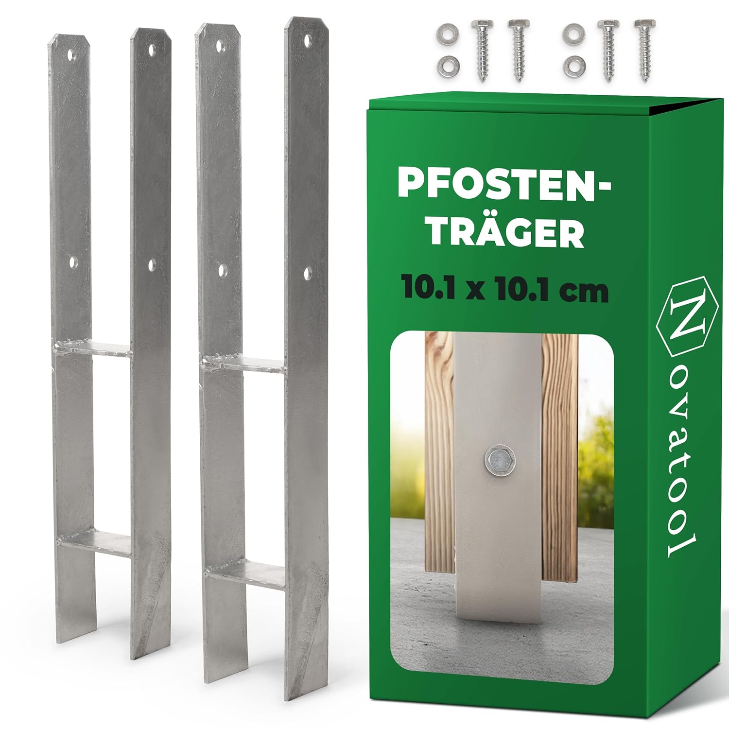 Novatool 2x Einschlagbodenh&uuml;lsen-Set H-Form 101x101x600 mm , Bodenh&uuml;lse Sonnenschirm Pfostentr&auml;ger Zaunpfosten Holzpfosten Bodenh&uuml;lsen Einschlagh&uuml;lse Erdspie&szlig; zum Einschlagen , verzinkt , mit Schrauben - Bild 1