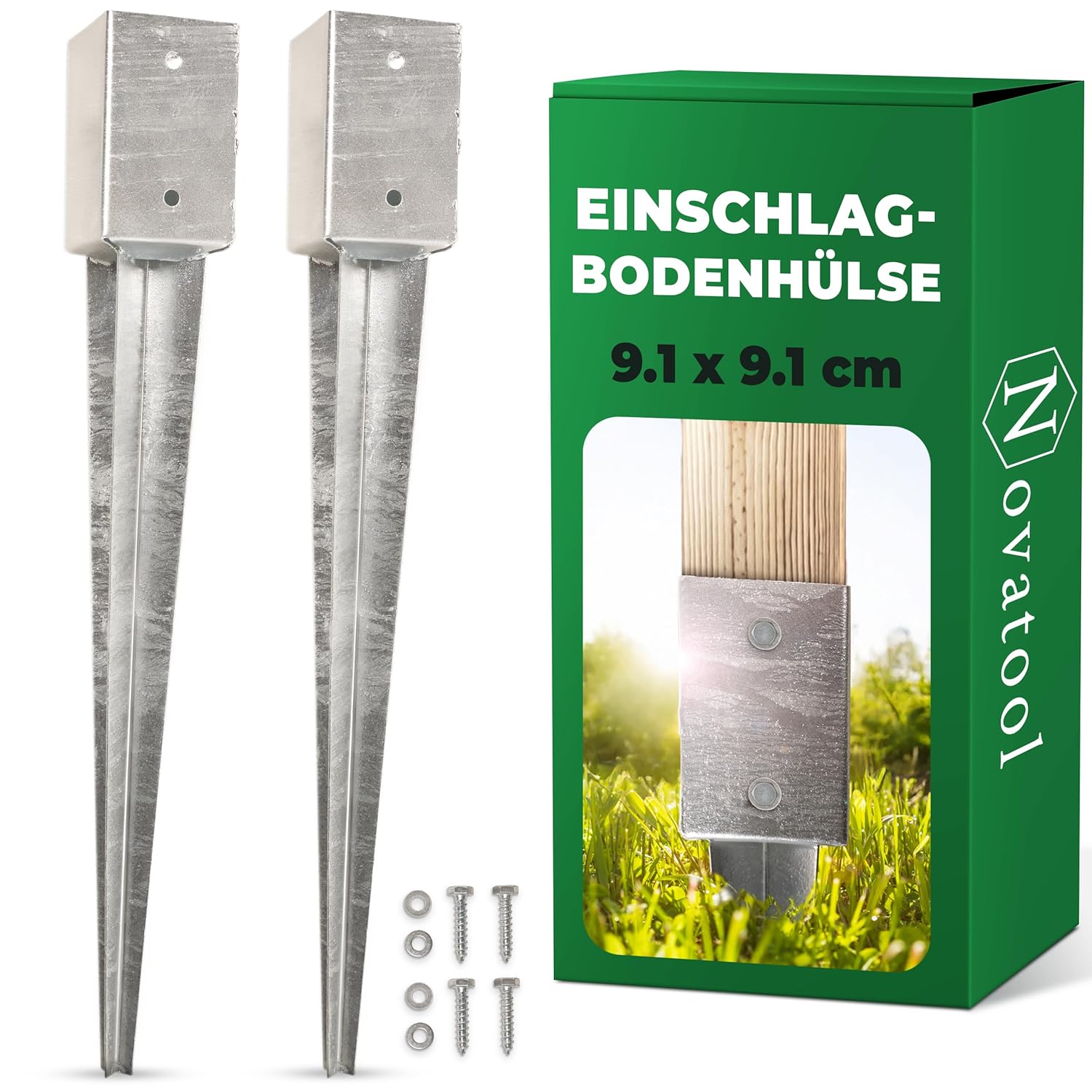 Novatool 2x Einschlagbodenh&uuml;lsen-Set 91x91x750 mm , Bodenh&uuml;lse Sonnenschirm Pfostentr&auml;ger Zaunpfosten Holzpfosten Bodenh&uuml;lsen Einschlagh&uuml;lse Bodenanker Erdspie&szlig; zum Einschlagen , verzinkt , mit Schrauben - Bild 1