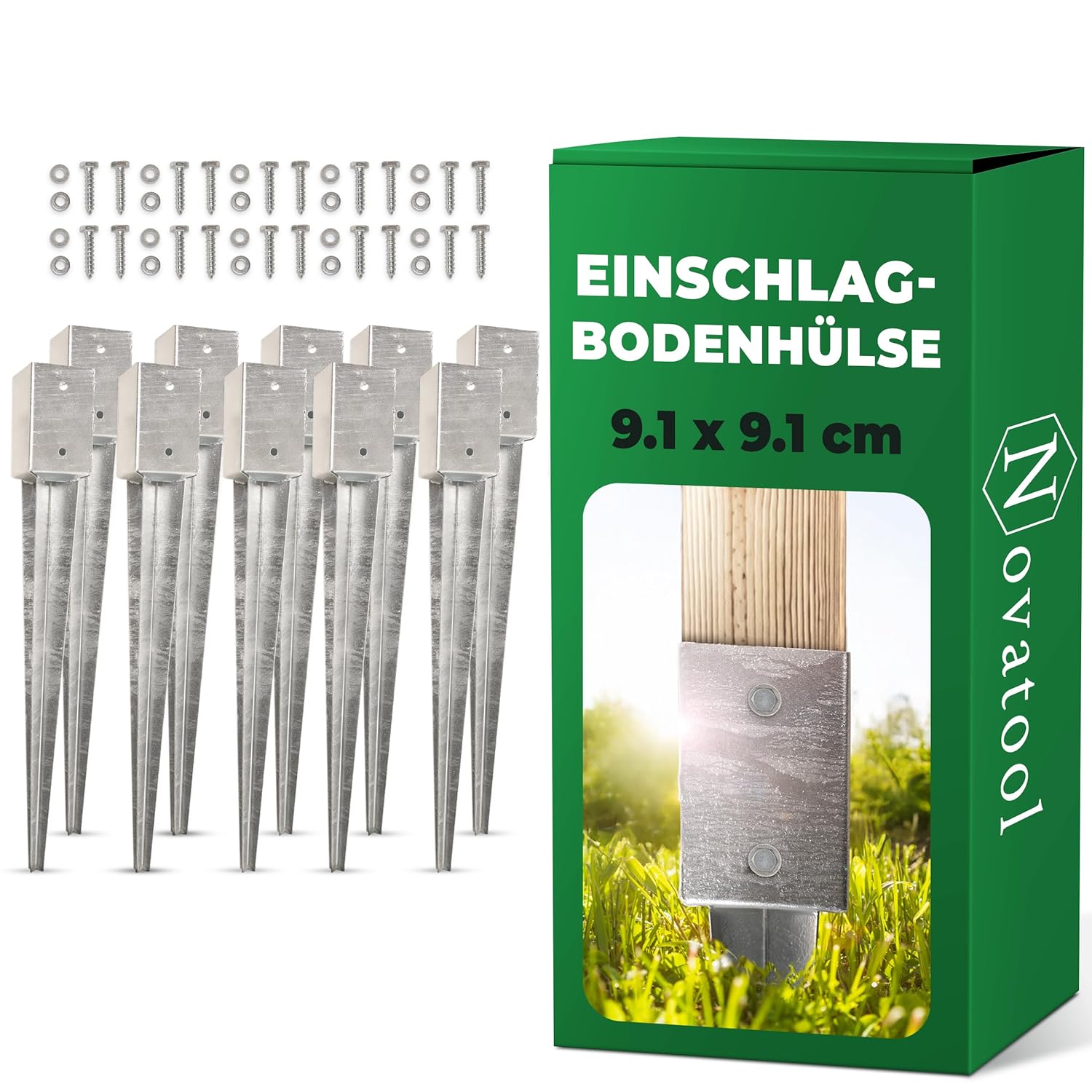 Novatool 10x Einschlagbodenh&uuml;lsen-Set 91x91x750mm Bodenh&uuml;lse Sonnenschirm Pfostentr&auml;ger Zaunpfosten Holzpfosten Bodenh&uuml;lsen Einschlagh&uuml;lse Bodenanker Erdspie&szlig; zum Einschlagen , verzinkt , mit Schrauben - Bild 1