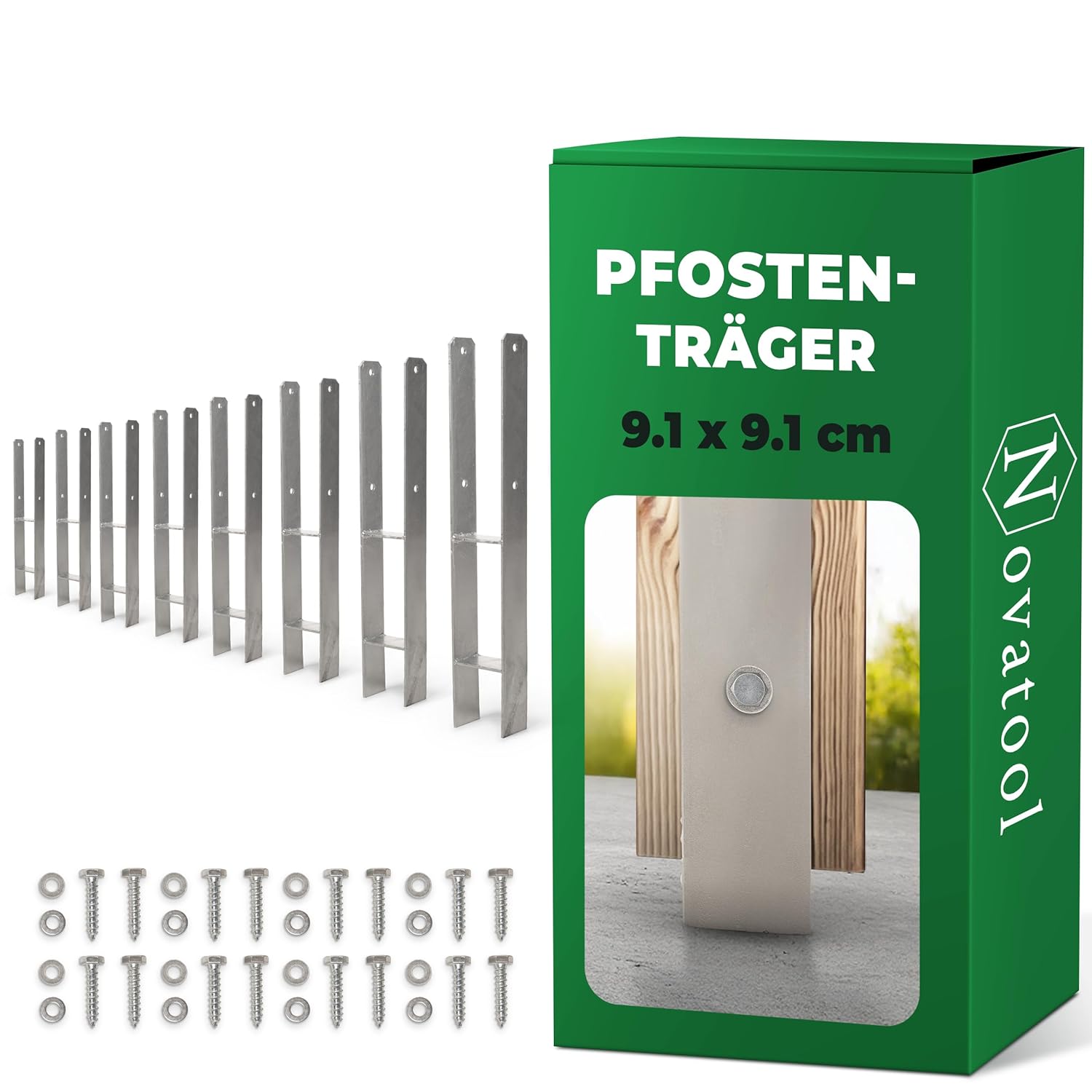 Novatool 8x Einschlagbodenh&uuml;lsen-Set H-Form 91x91x600 mm , Bodenh&uuml;lse Sonnenschirm Pfostentr&auml;ger Zaunpfosten Holzpfosten Bodenh&uuml;lsen Einschlagh&uuml;lse Erdspie&szlig; zum Einschlagen , verzinkt , mit Schrauben - Bild 1