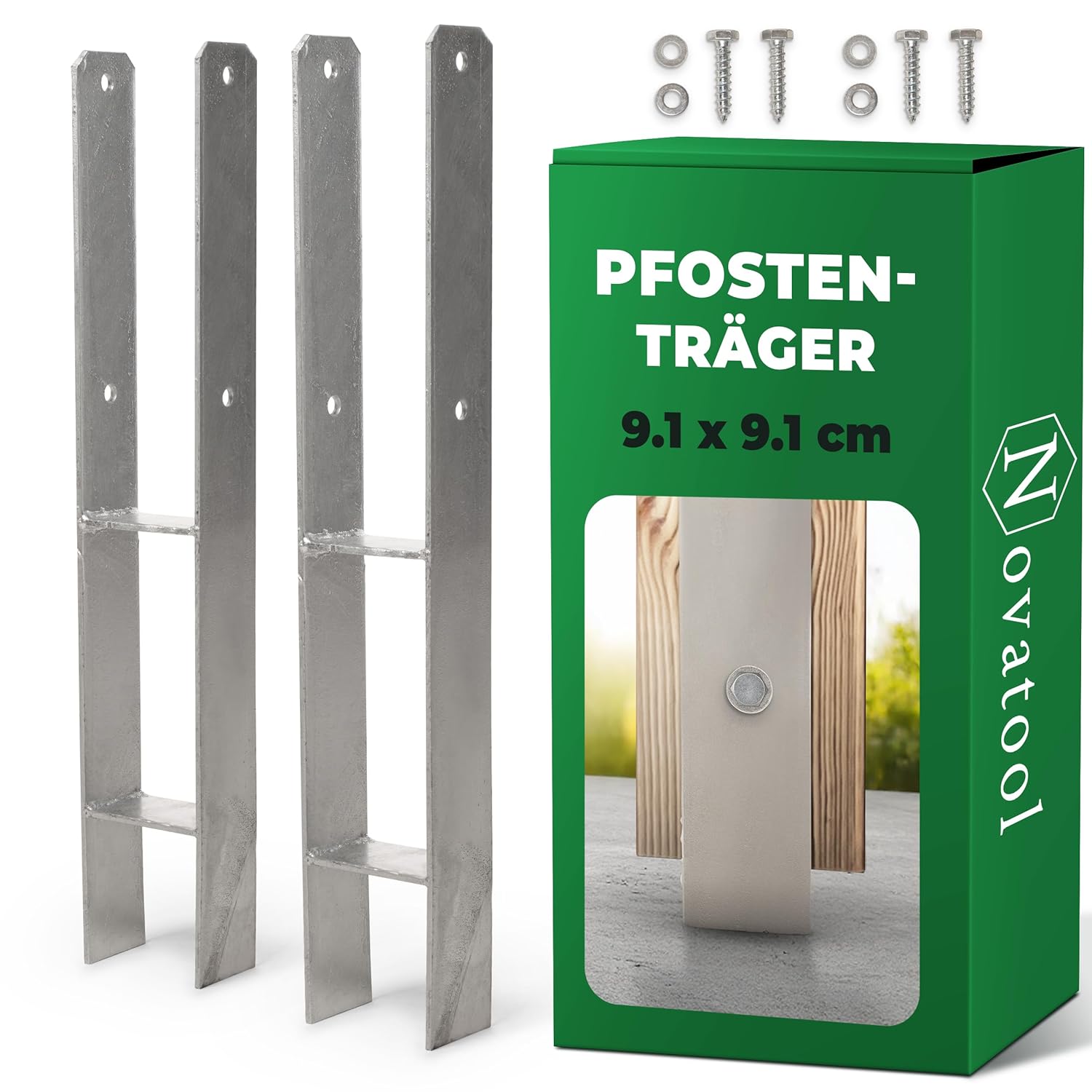 Novatool 2x Einschlagbodenh&uuml;lsen-Set H-Form 91x91x600 mm , Bodenh&uuml;lse Sonnenschirm Pfostentr&auml;ger Zaunpfosten Holzpfosten Bodenh&uuml;lsen Einschlagh&uuml;lse Erdspie&szlig; zum Einschlagen , verzinkt , mit Schrauben - Bild 1